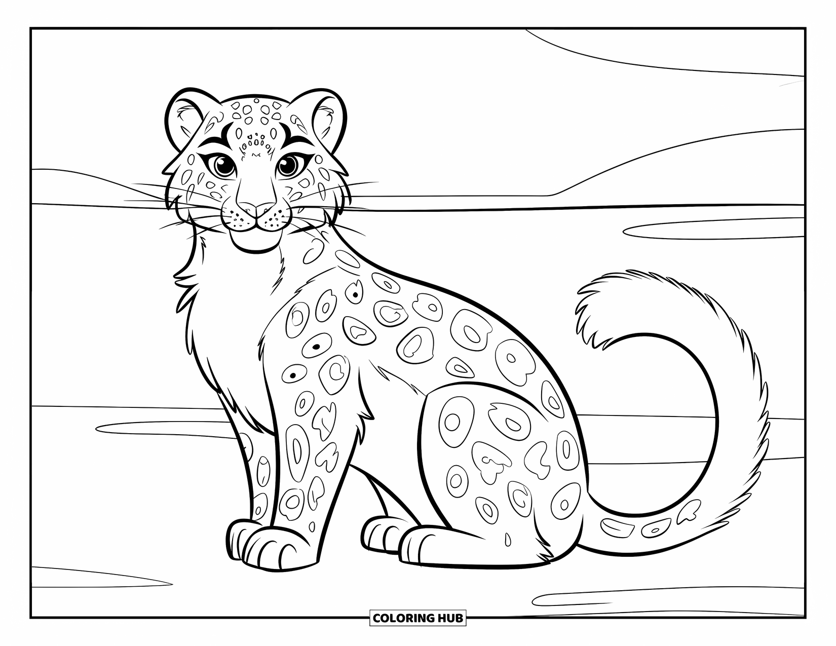 Big Cat Coloring Page for Kids: Snow leopard with a curled tail sitting on plain ground