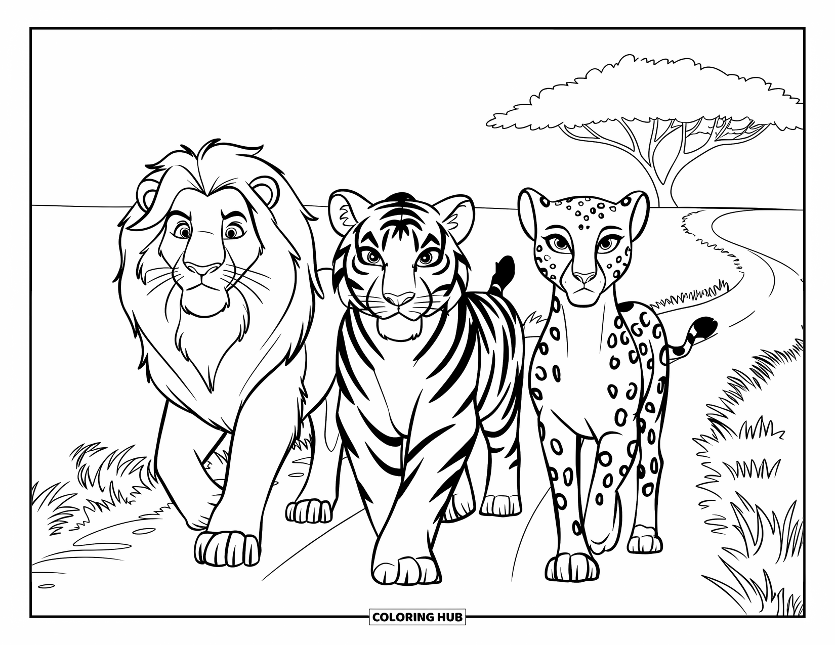 Big Cat Coloring Page for Kids: Three big cats walking along a dirt path with tall grass