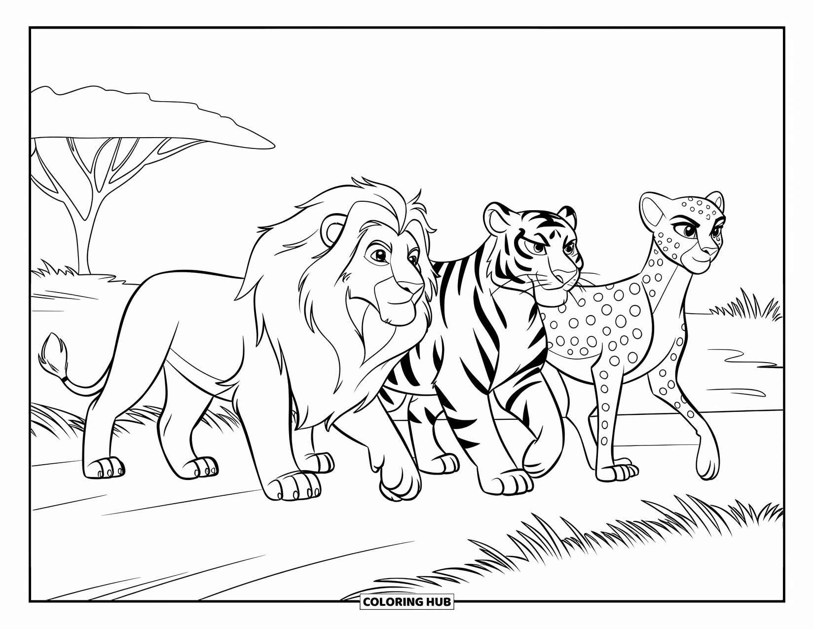 Big Cat Coloring Page for Kids: Three big cats walking side by side on a grassy path