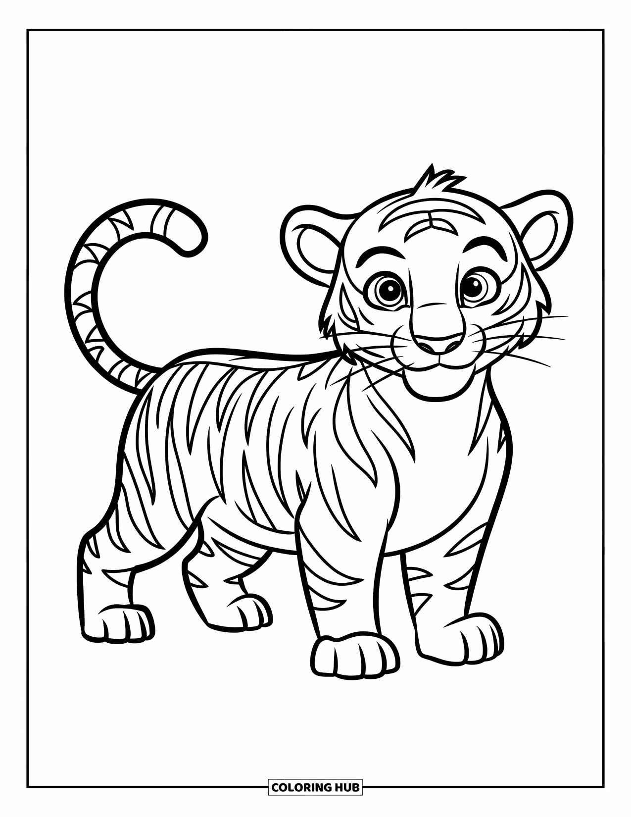 Big Cat Coloring Page for Kids: Tiger standing with stripes and a curled tail