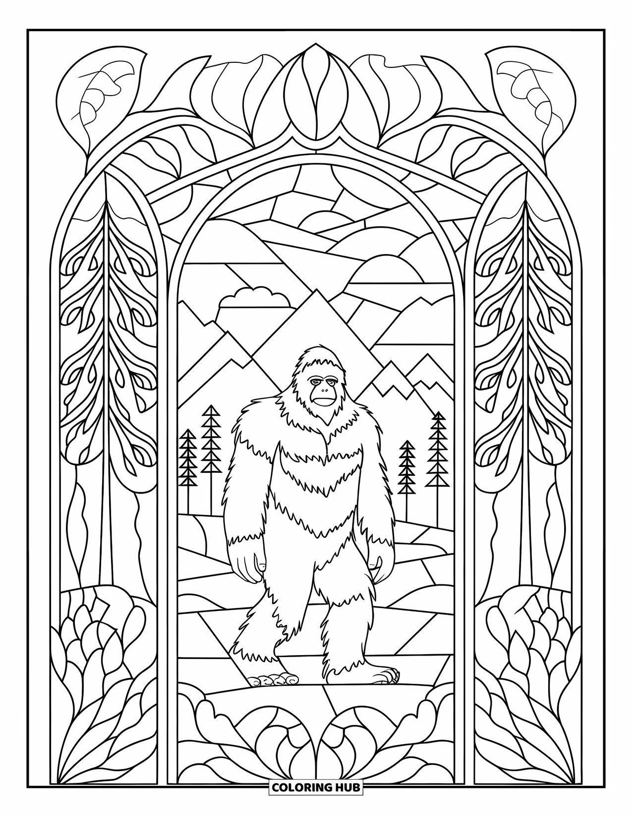 Bigfoot Coloring Page for Adults: A large stained glass design with Bigfoot at the center, surrounded by nature and ornate details