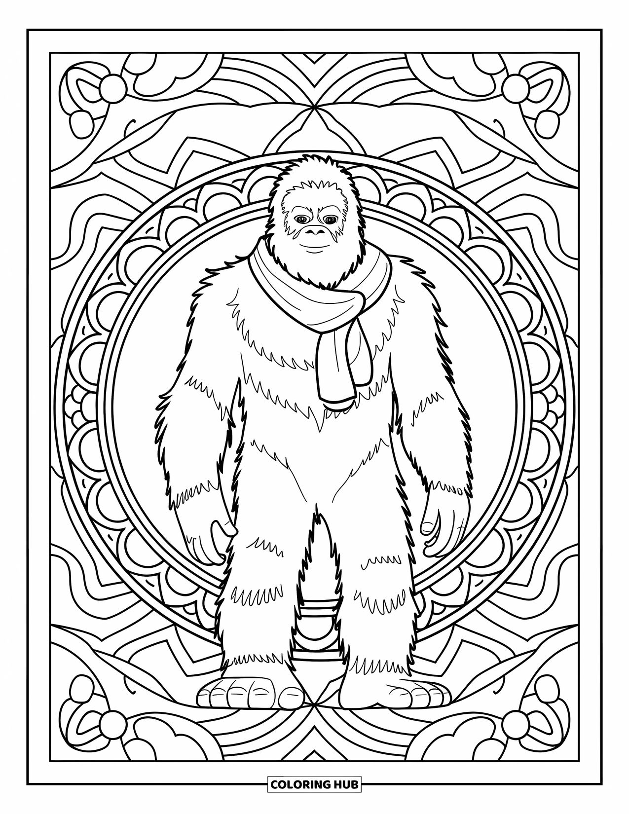 Bigfoot Coloring Page for Adults: A peaceful Bigfoot in a scarf framed by a mandala with detailed and artistic elements
