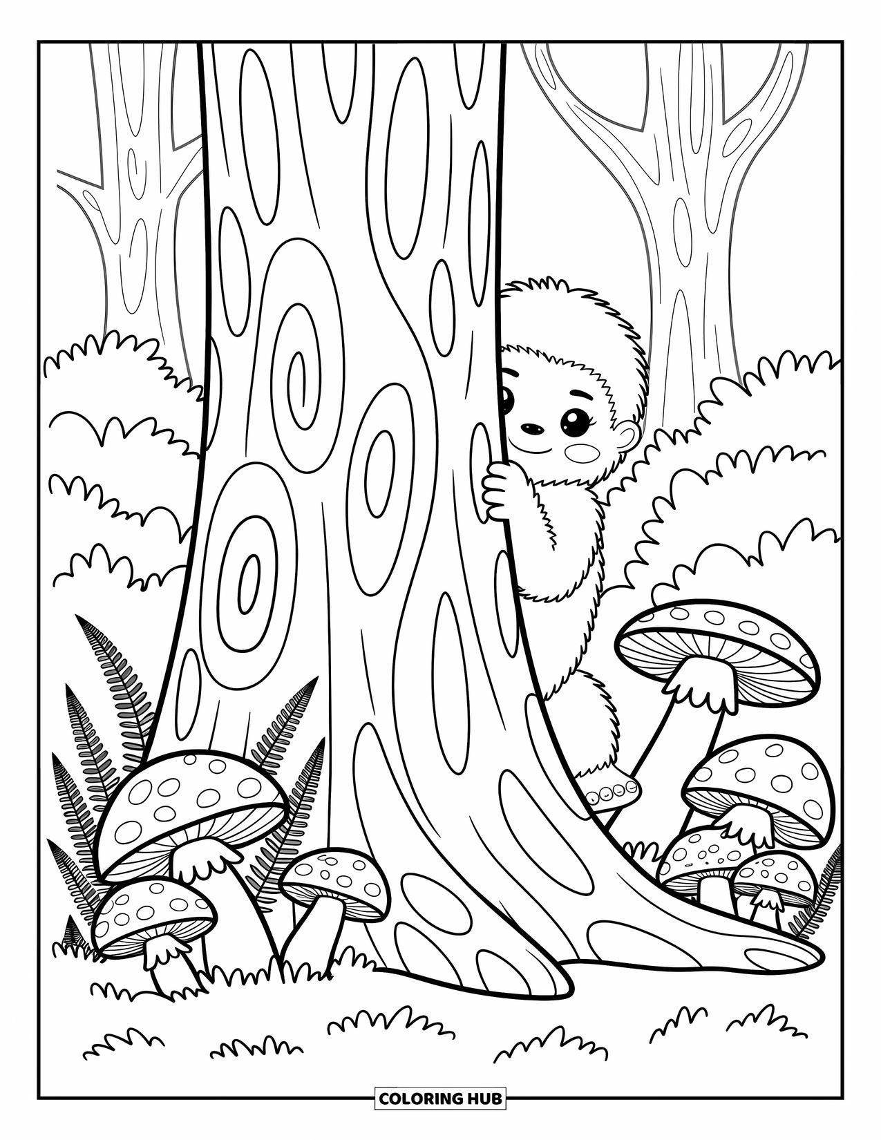 Bigfoot Coloring Page for Adults: Bigfoot hides behind a swirly tree, stepping out beside mushrooms and ferns