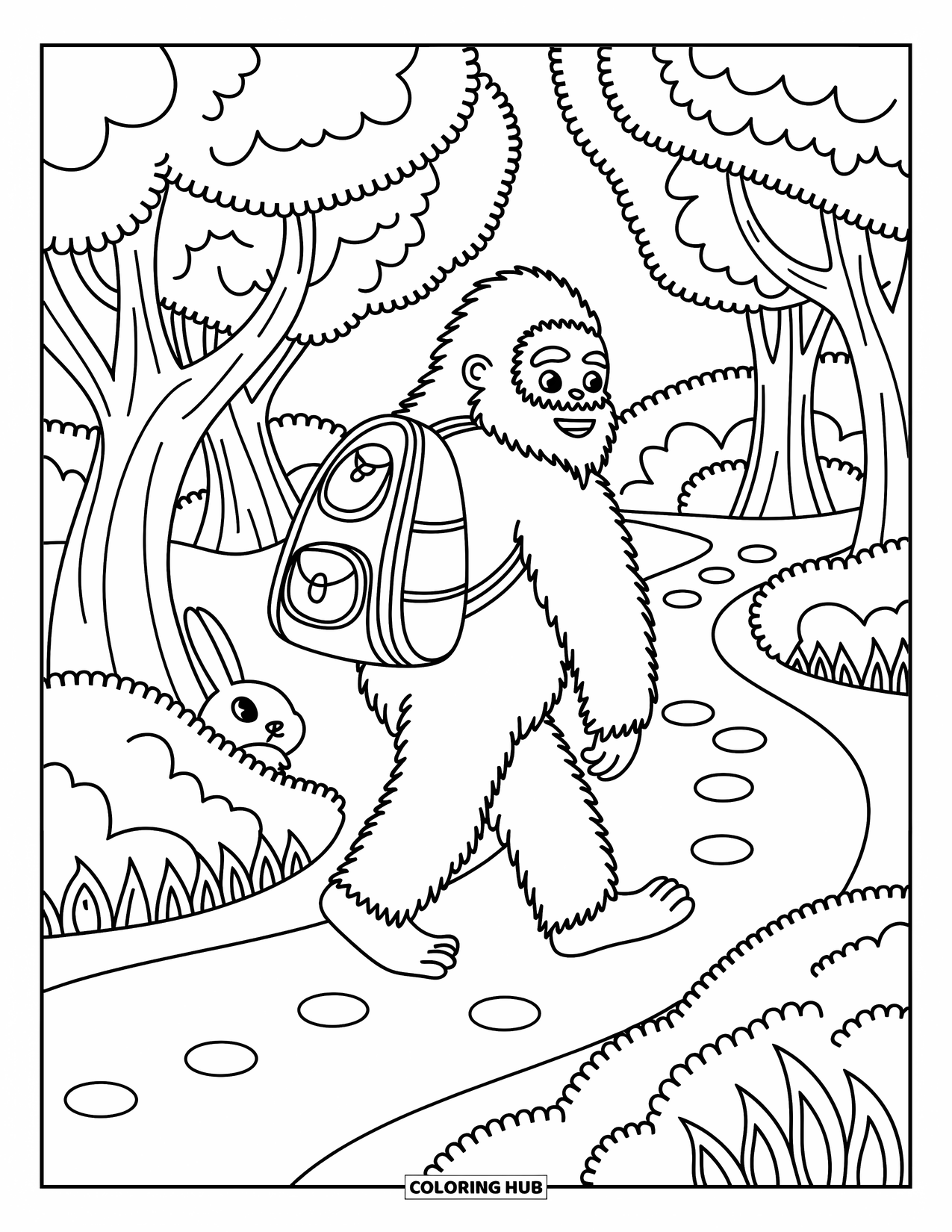 Bigfoot Coloring Page for Adults: Bigfoot hikes with a tiny backpack, rabbit, whimsical trees, and stones along the trail