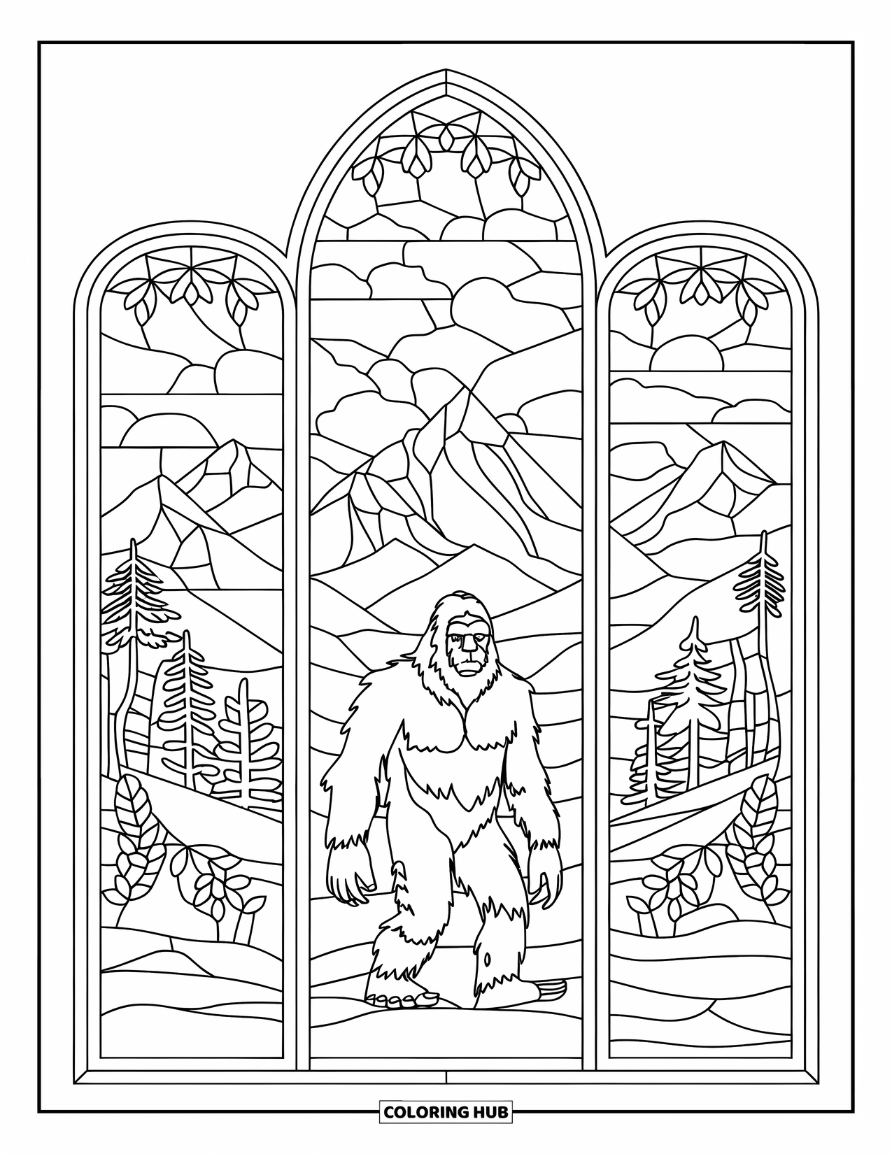 Bigfoot Coloring Page for Adults: Bigfoot in the center of a detailed stained glass window, with forest and mountain background