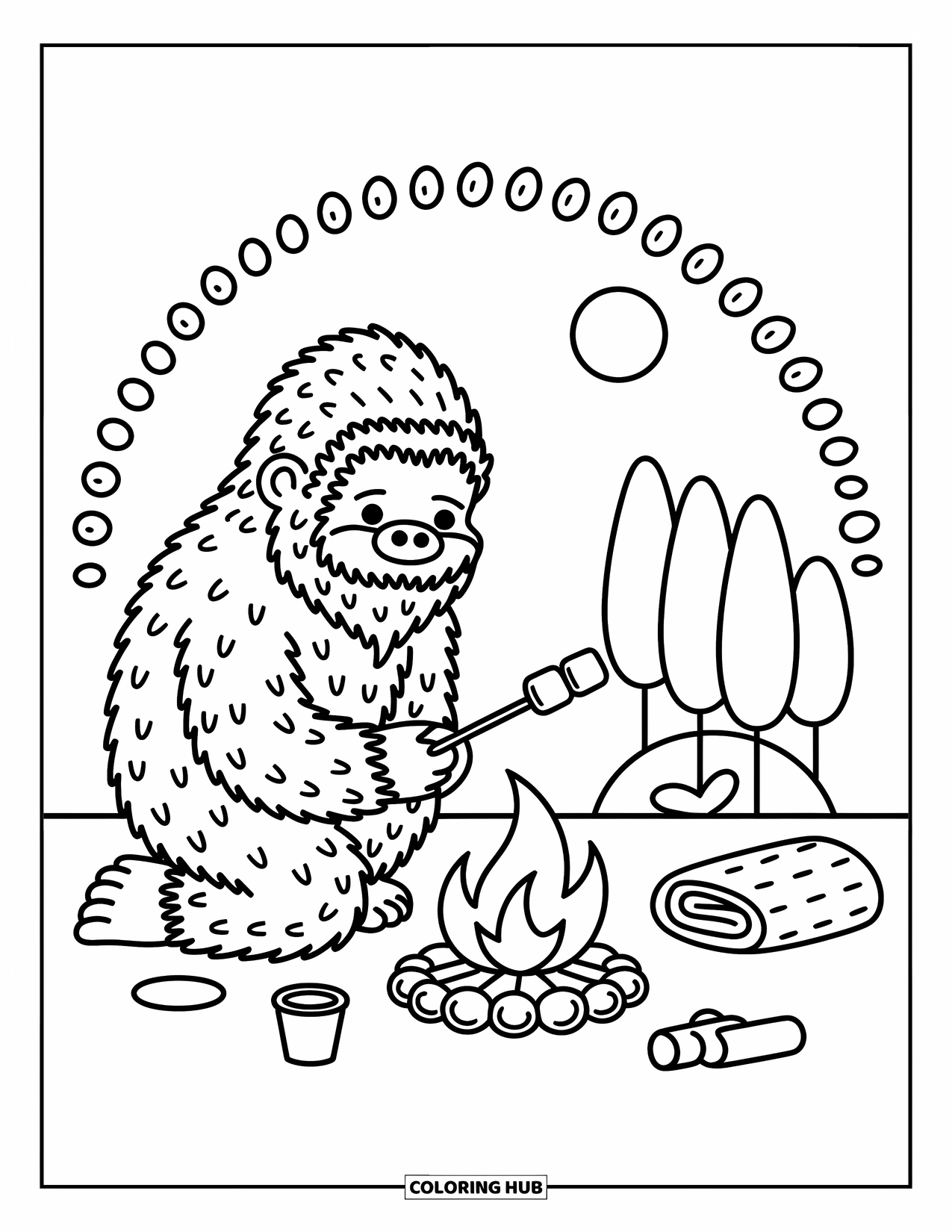 Bigfoot Coloring Page for Adults: Bigfoot kneels by a fire roasting marshmallows, with a cup and moon behind the trees