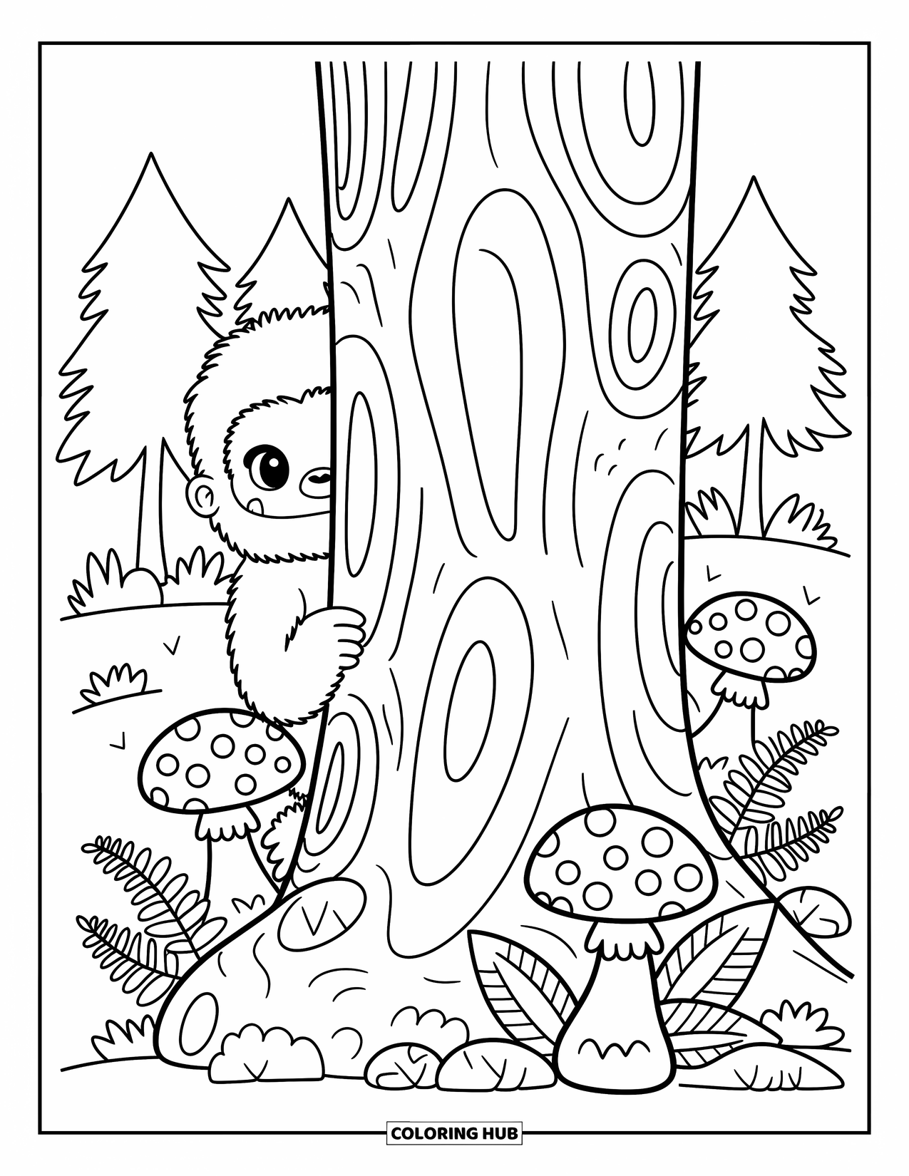 Bigfoot Coloring Page for Adults: Bigfoot peeks shyly from a tree trunk surrounded by mushrooms, leaves, and ferns