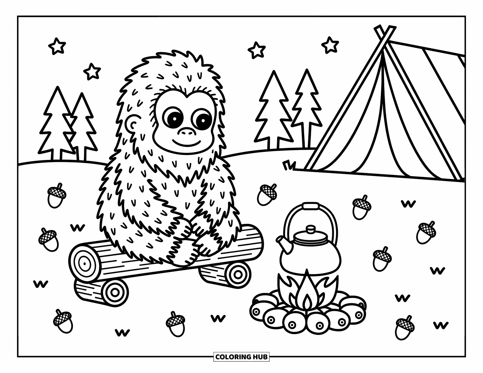 Bigfoot Coloring Page for Adults: Bigfoot sits by a fire under the stars with lanterns and a cozy tent nearby
