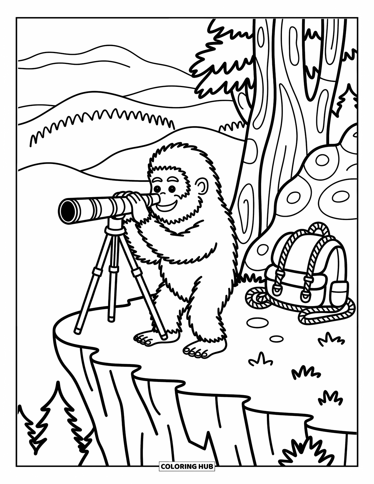 Bigfoot Coloring Page for Adults: Bigfoot stands on a cliff with a telescope, trees and gear nearby