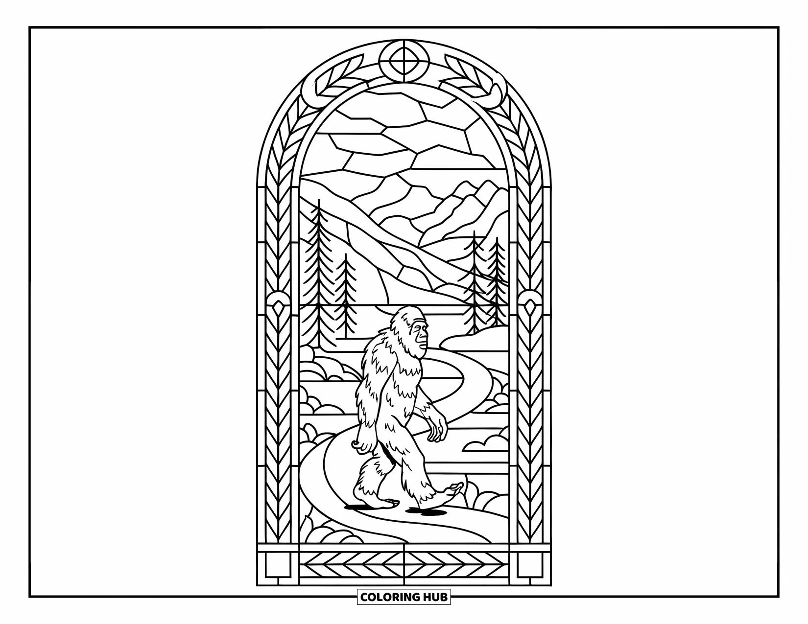 Bigfoot Coloring Page for Adults: Bigfoot walks a scenic forest trail in a rustic stained glass design with arches and geometric patterns