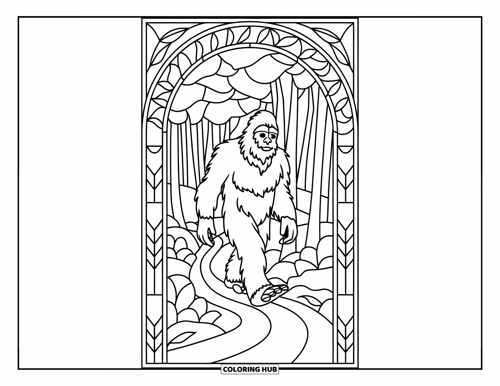 Bigfoot Coloring Page for Adults: Bigfoot walks a winding forest trail in a stained glass window with leafy arches and geometric designs