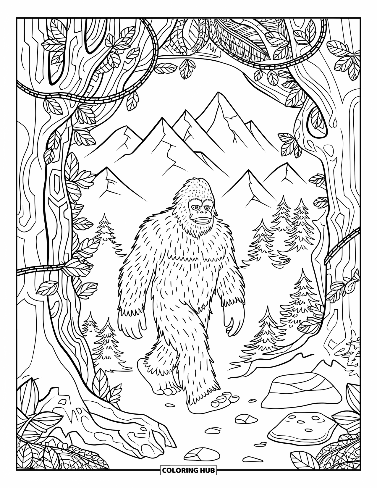 Bigfoot Coloring Page for Adults: Bigfoot walks past logs and rocks in a patterned forest with mountains and decorative borders