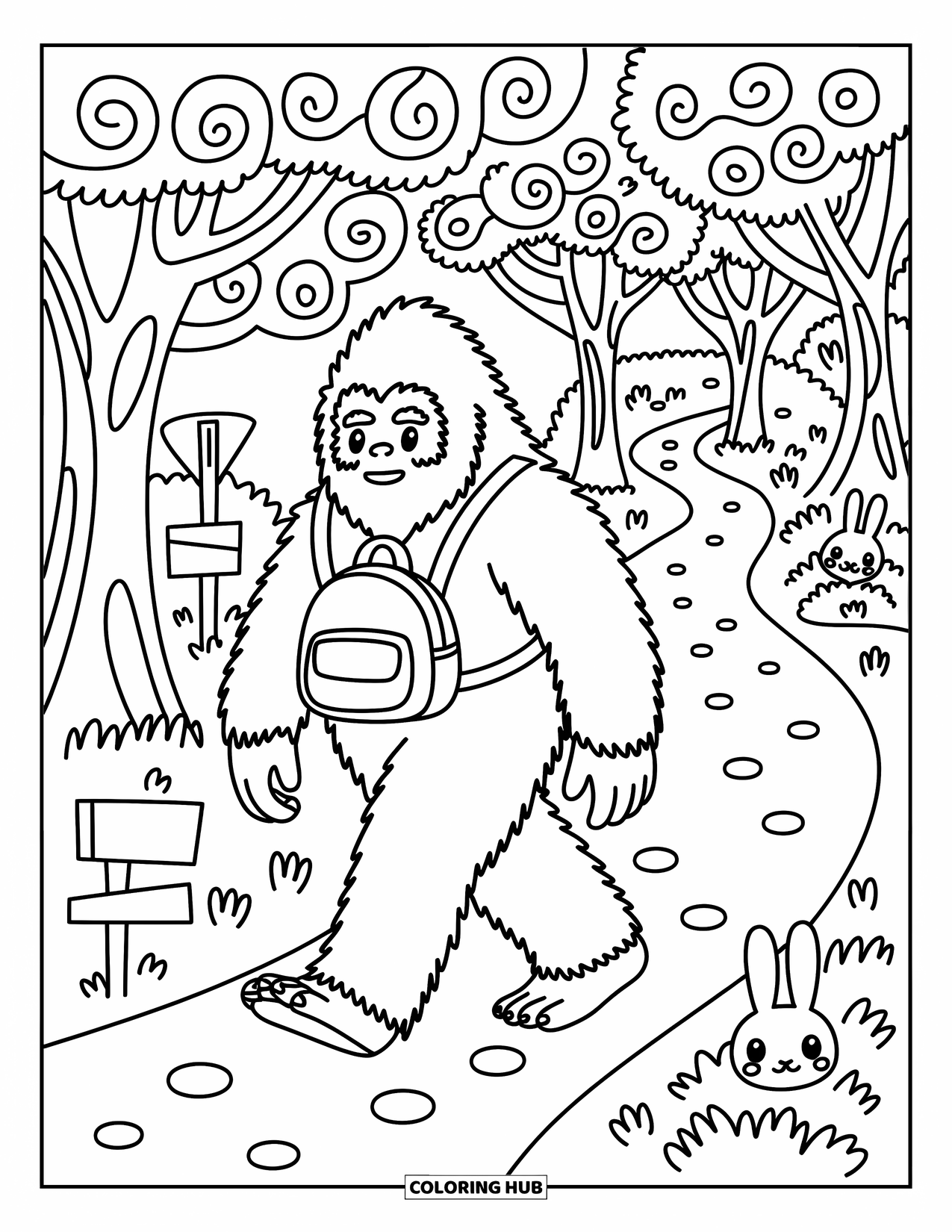 Bigfoot Coloring Page for Adults: Bigfoot walks through the forest with a small backpack and a curious rabbit nearby