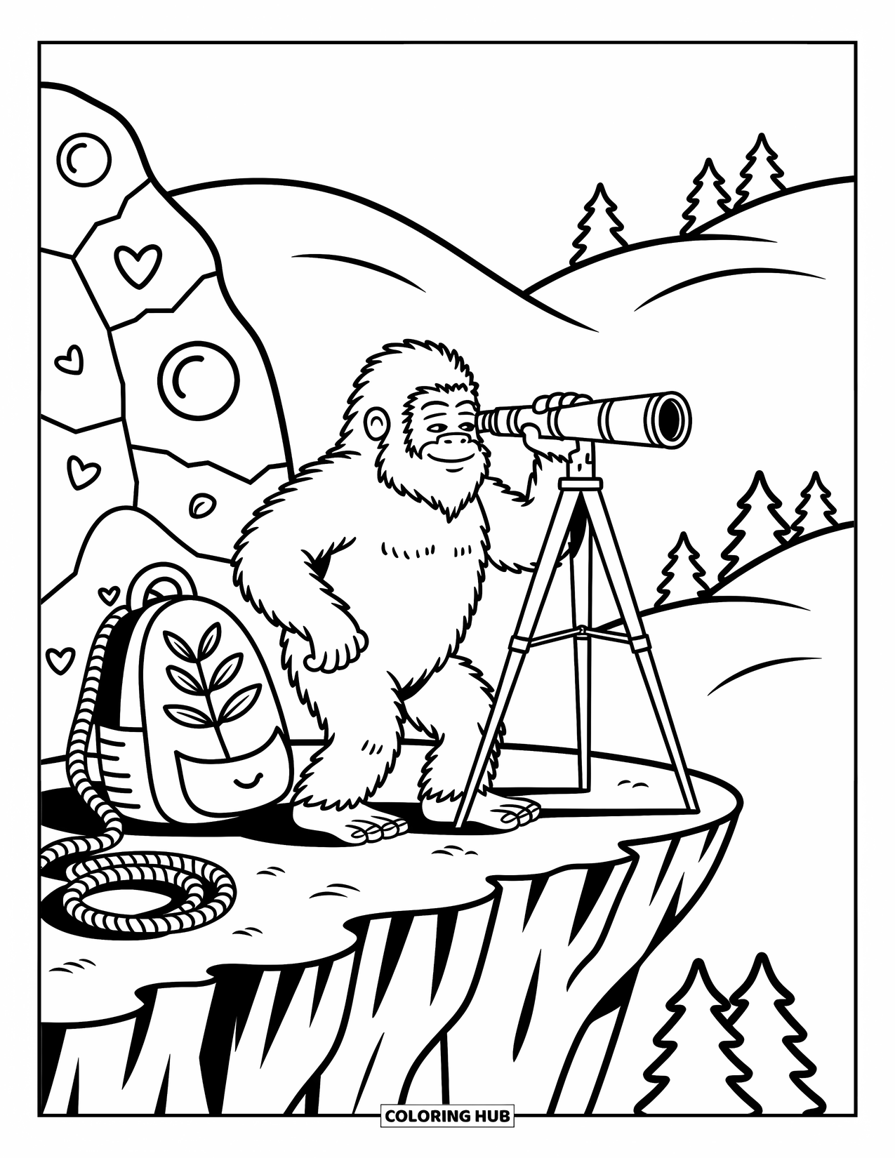 Bigfoot Coloring Page for Adults: Bigfoot watches the hills through a telescope, near rope, stones, and a cozy backpack