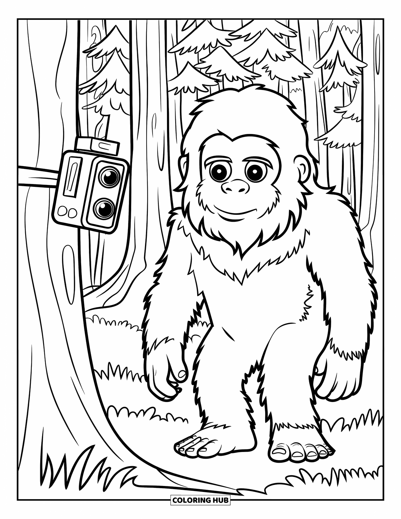 Bigfoot Coloring Page for Kids: A trail camera catches Bigfoot standing in a dense forest