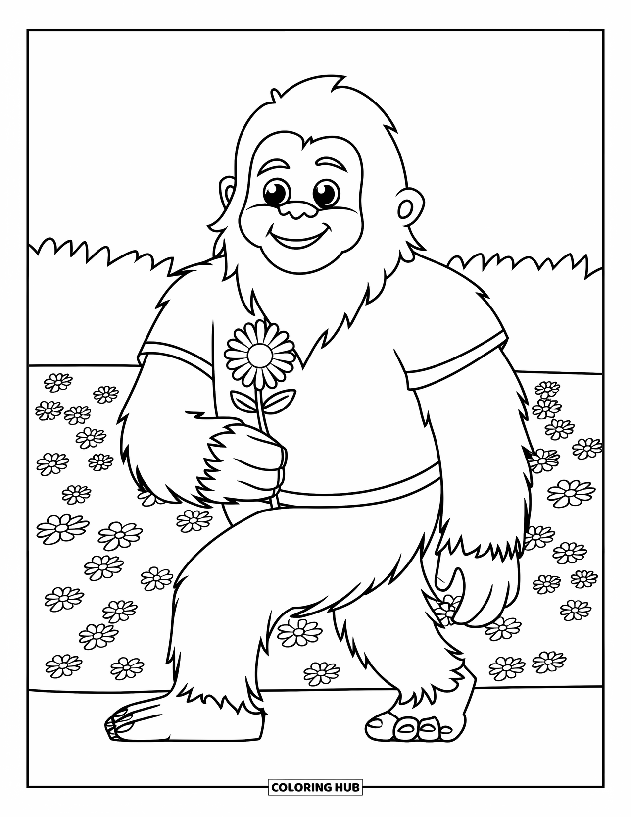 Bigfoot Coloring Page for Kids: Bigfoot grins while holding a flower in a sunny meadow