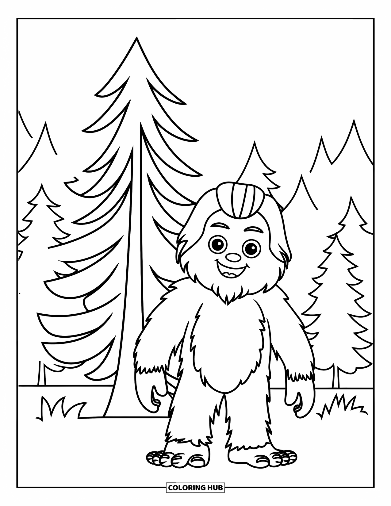 Bigfoot Coloring Page for Kids: Bigfoot poses beside a pine tree with more trees behind him