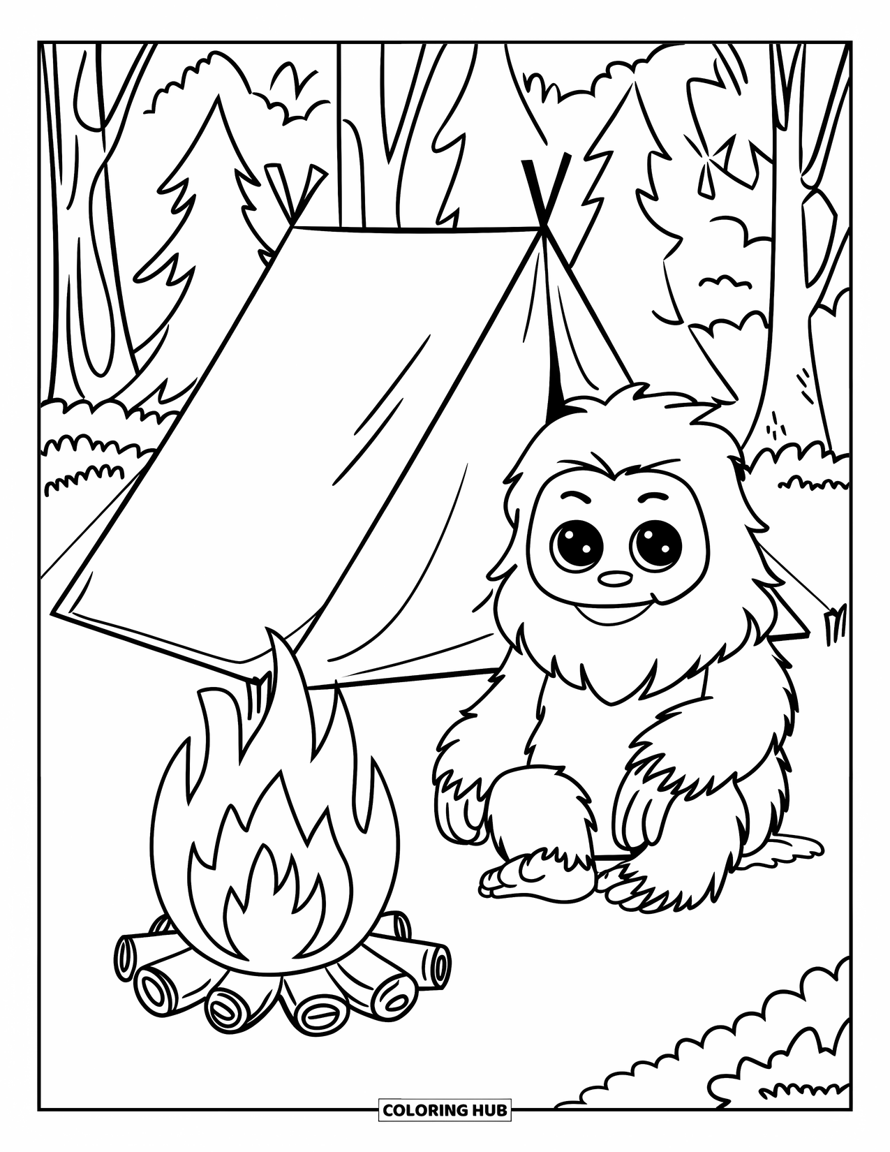 Bigfoot Coloring Page for Kids: Bigfoot relaxes at a campsite with a tent and trees behind him
