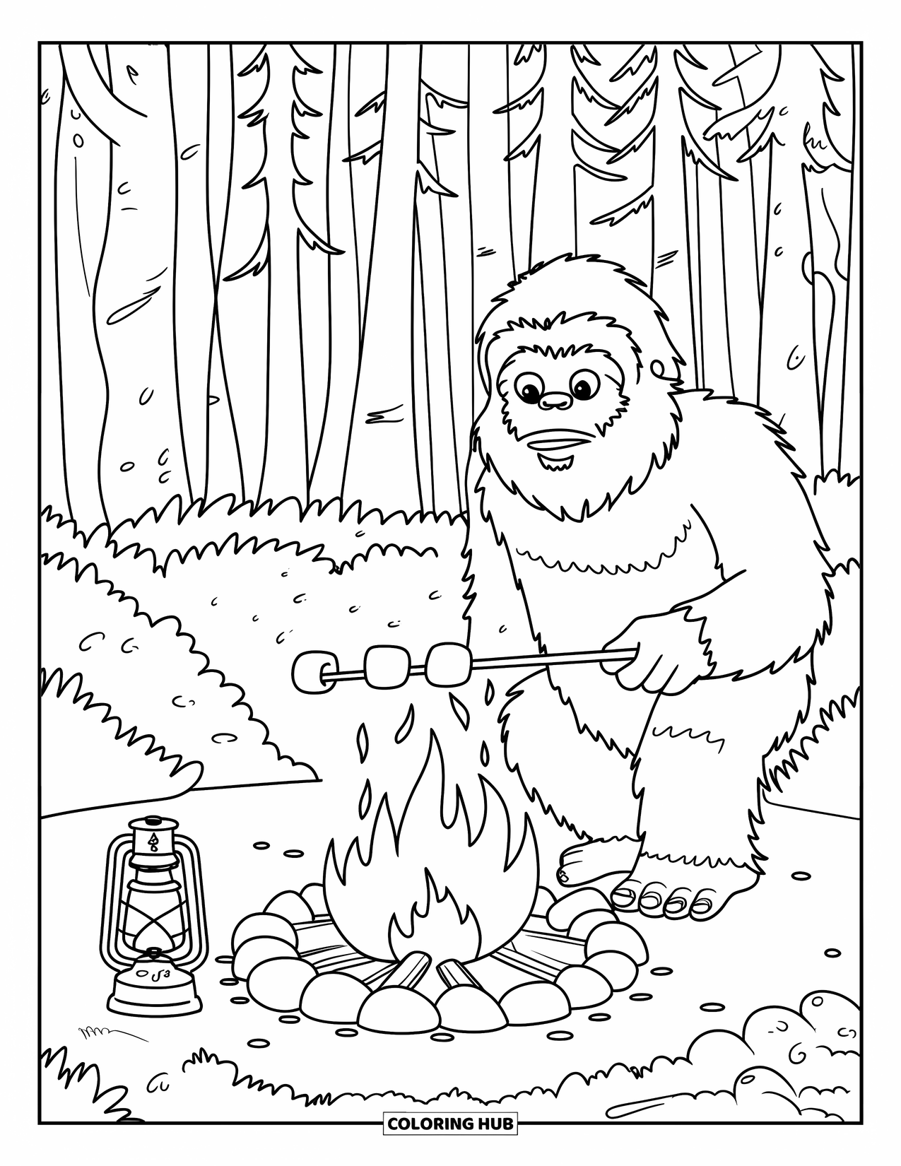 Bigfoot Coloring Page for Kids: Bigfoot roasts marshmallows near a campfire in the forest