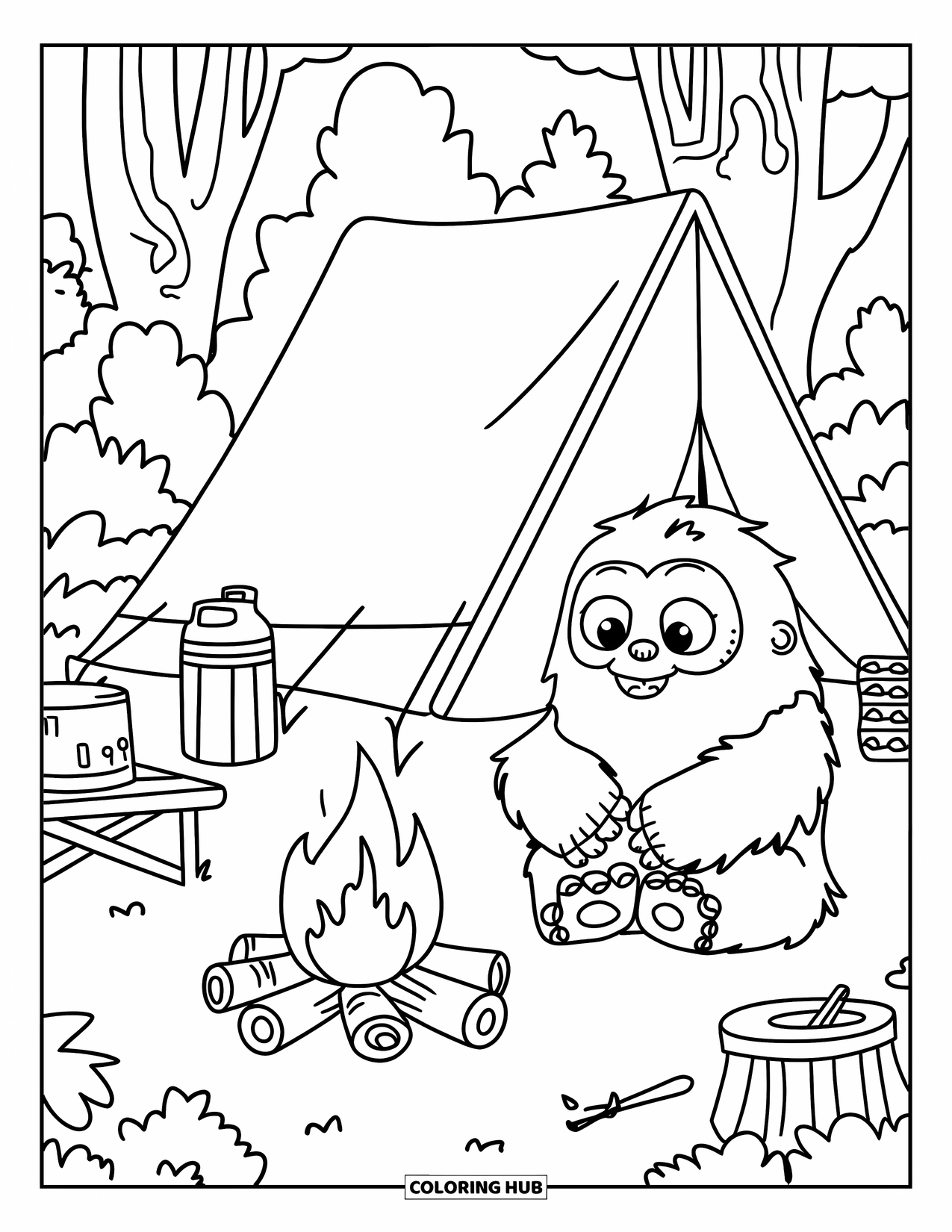 Bigfoot Coloring Page for Kids: Bigfoot sits by the campfire near a tent in the forest