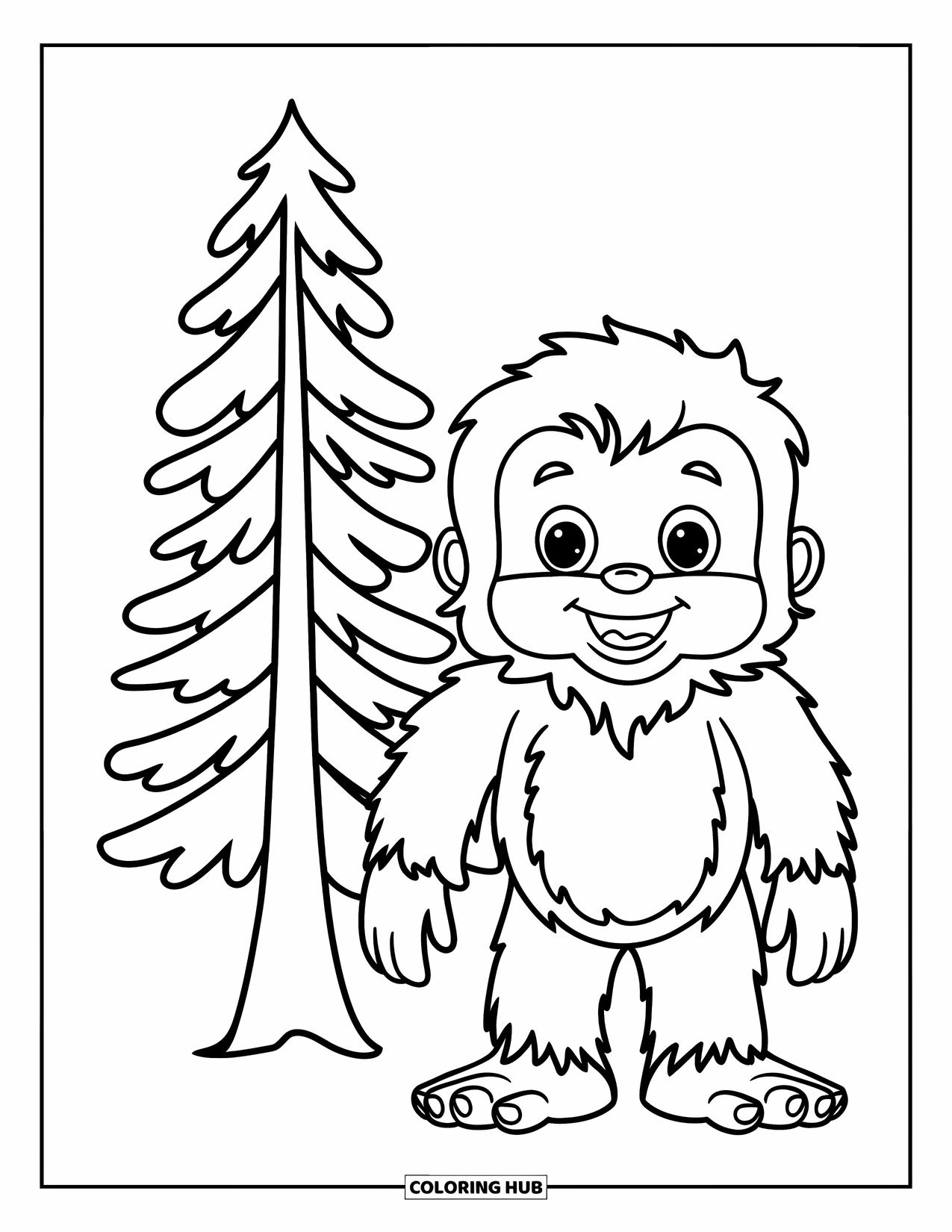 Bigfoot Coloring Page for Kids: Bigfoot smiles next to a pine tree with a forest behind him