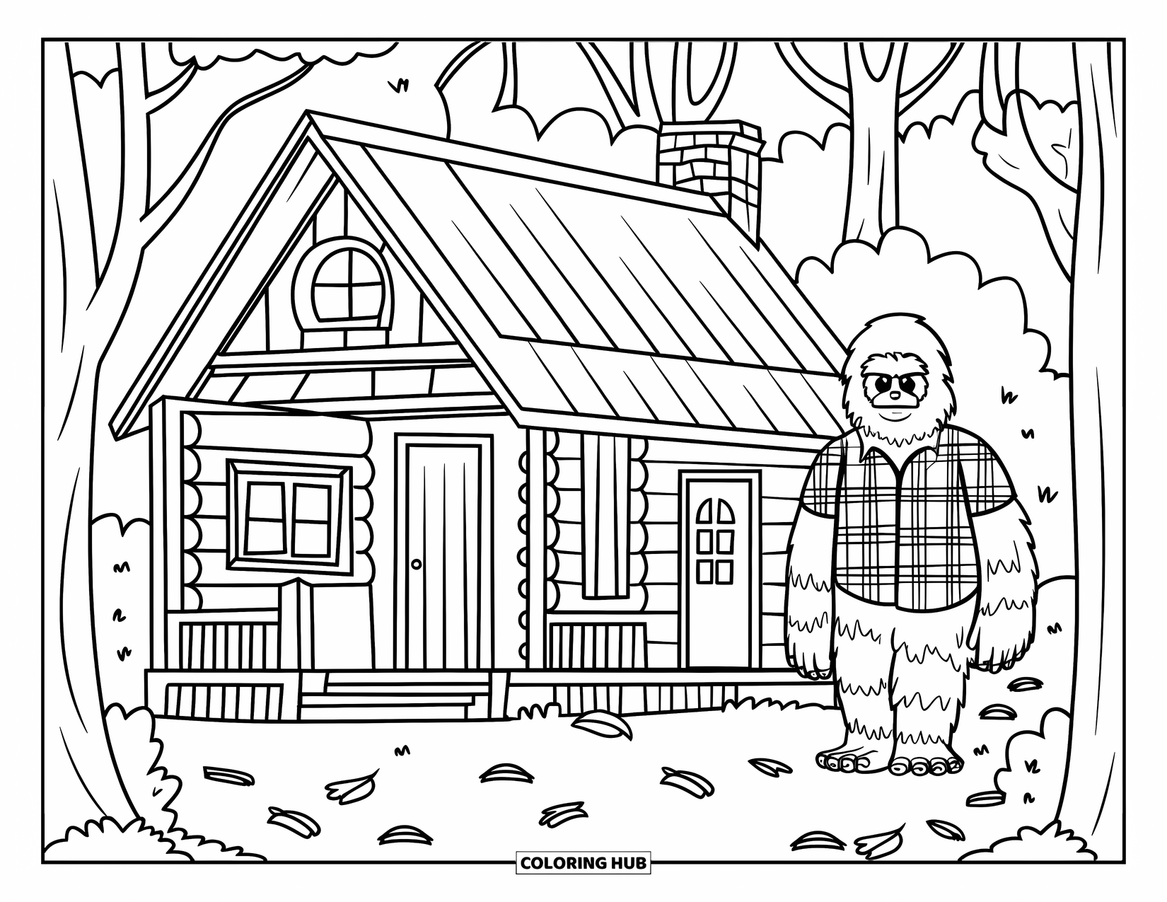 Bigfoot Coloring Page for Kids: Bigfoot stands by a cabin with leaves on the ground and trees around