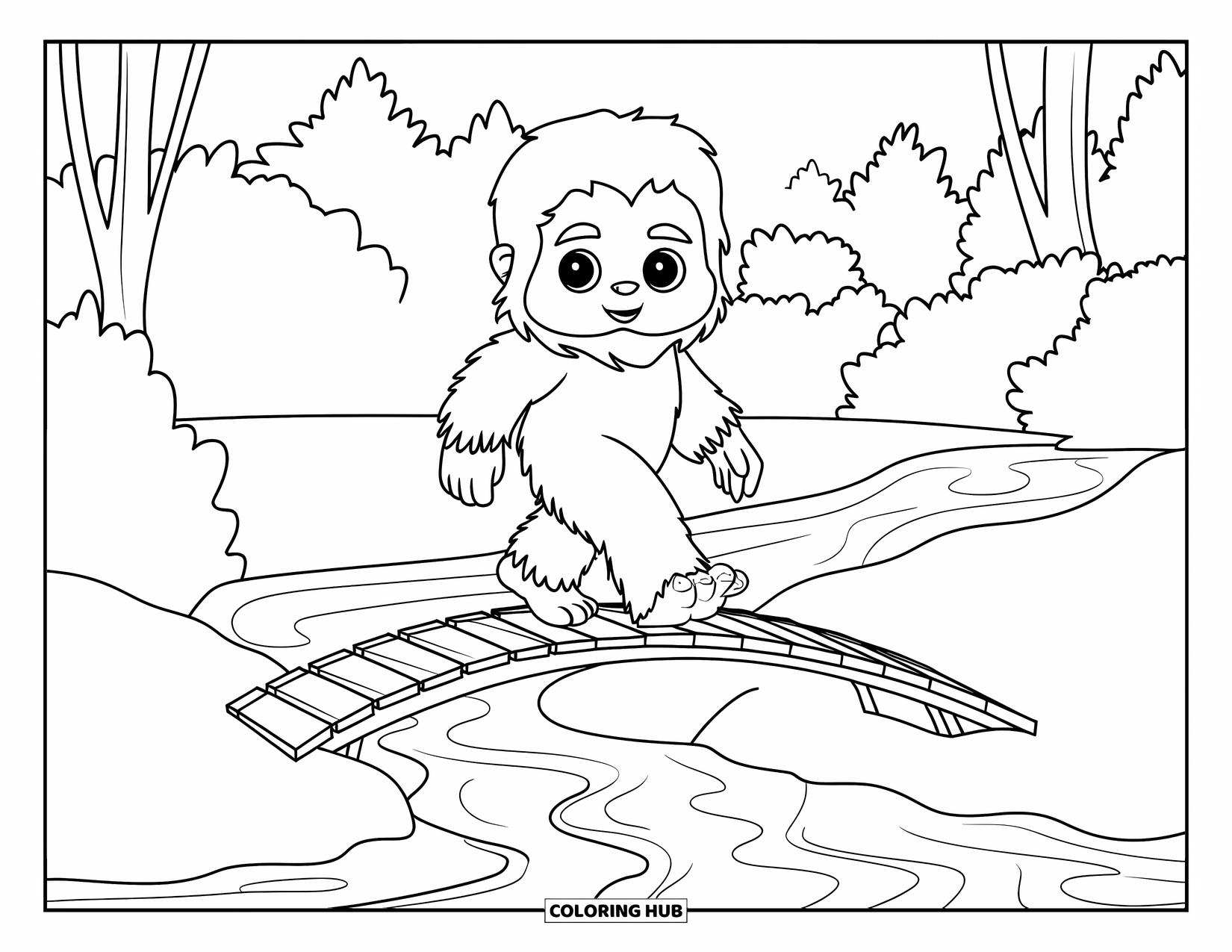 Bigfoot Coloring Page for Kids: Bigfoot strolls across a bridge in a forest with clear water below