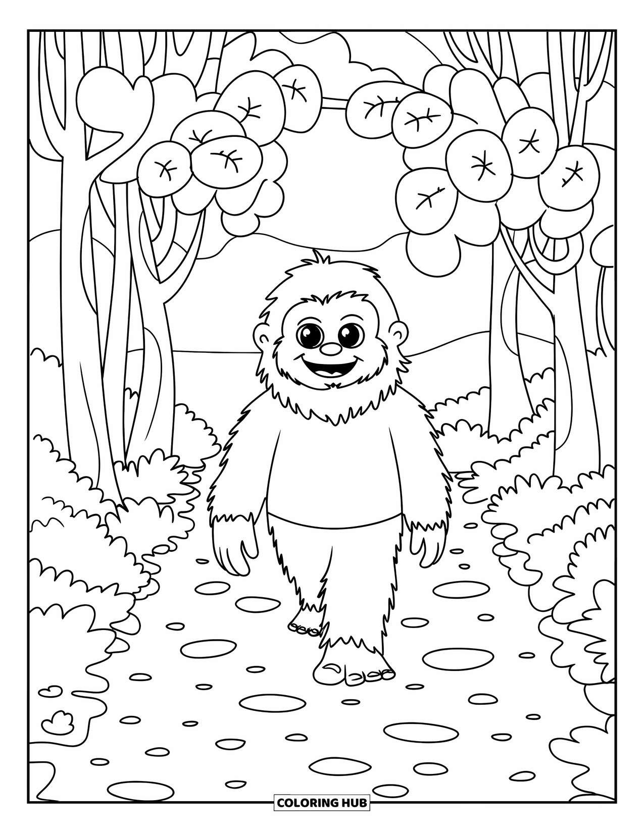 Bigfoot Coloring Page for Kids: Bigfoot walks happily along a forest path with large leaves