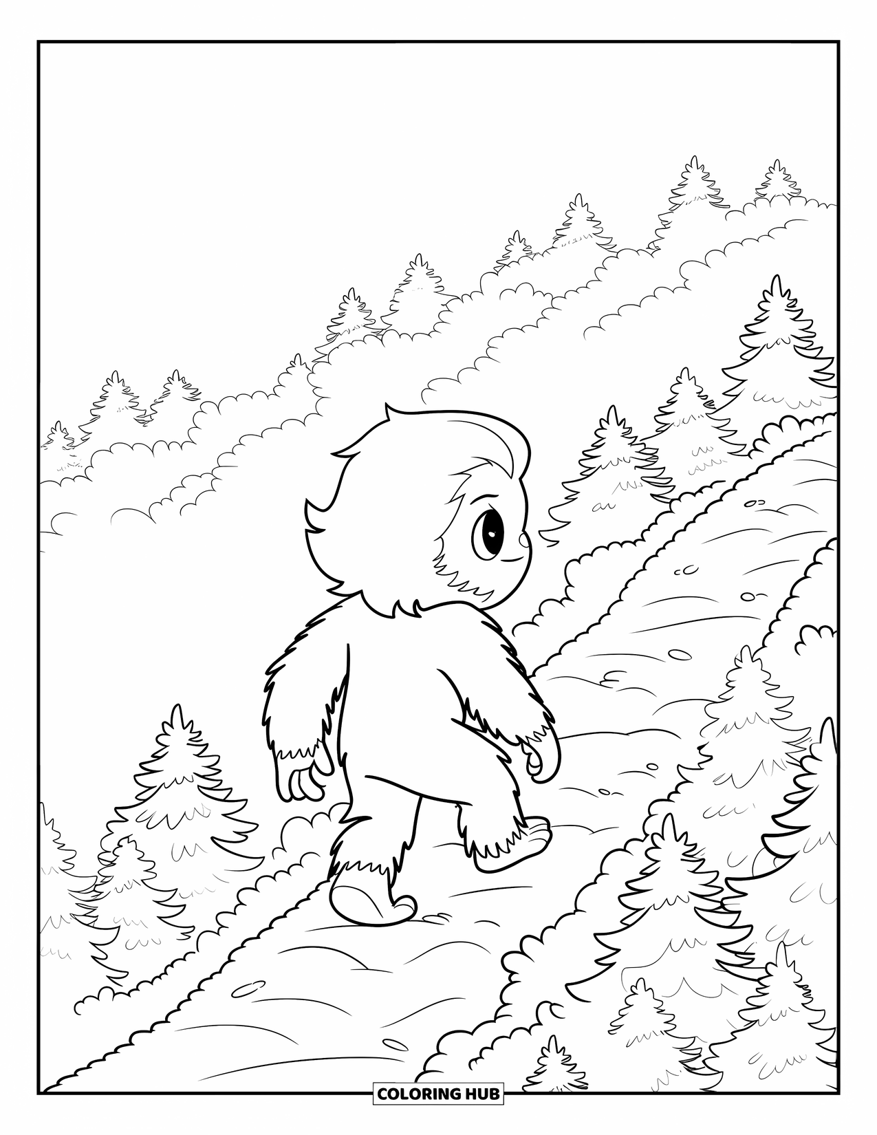 Bigfoot Coloring Page for Kids: Bigfoot walks uphill through fog and layered forest trees