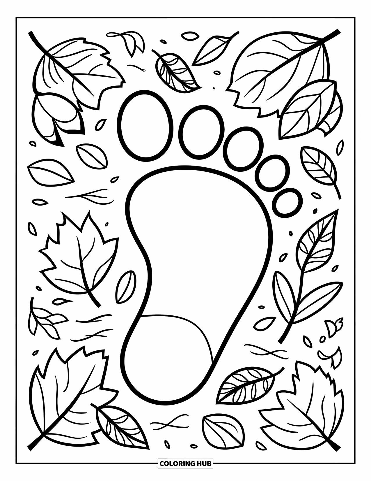Bigfoot Coloring Page for Kids: Bigfootís footprint rests among leaves and twigs on the ground