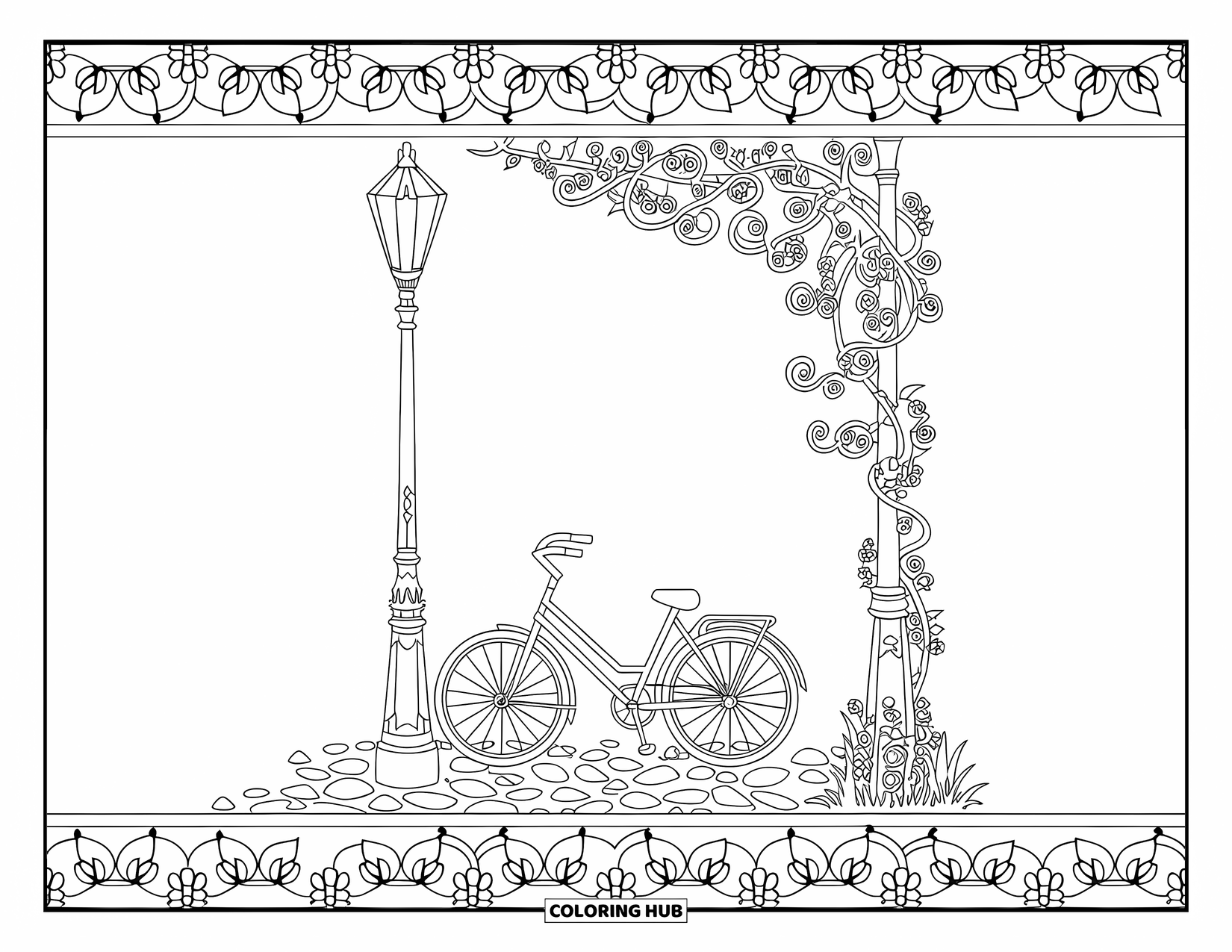 Bike Coloring Page for Adults: A bicycle under a streetlamp surrounded by swirling vines and a floral border
