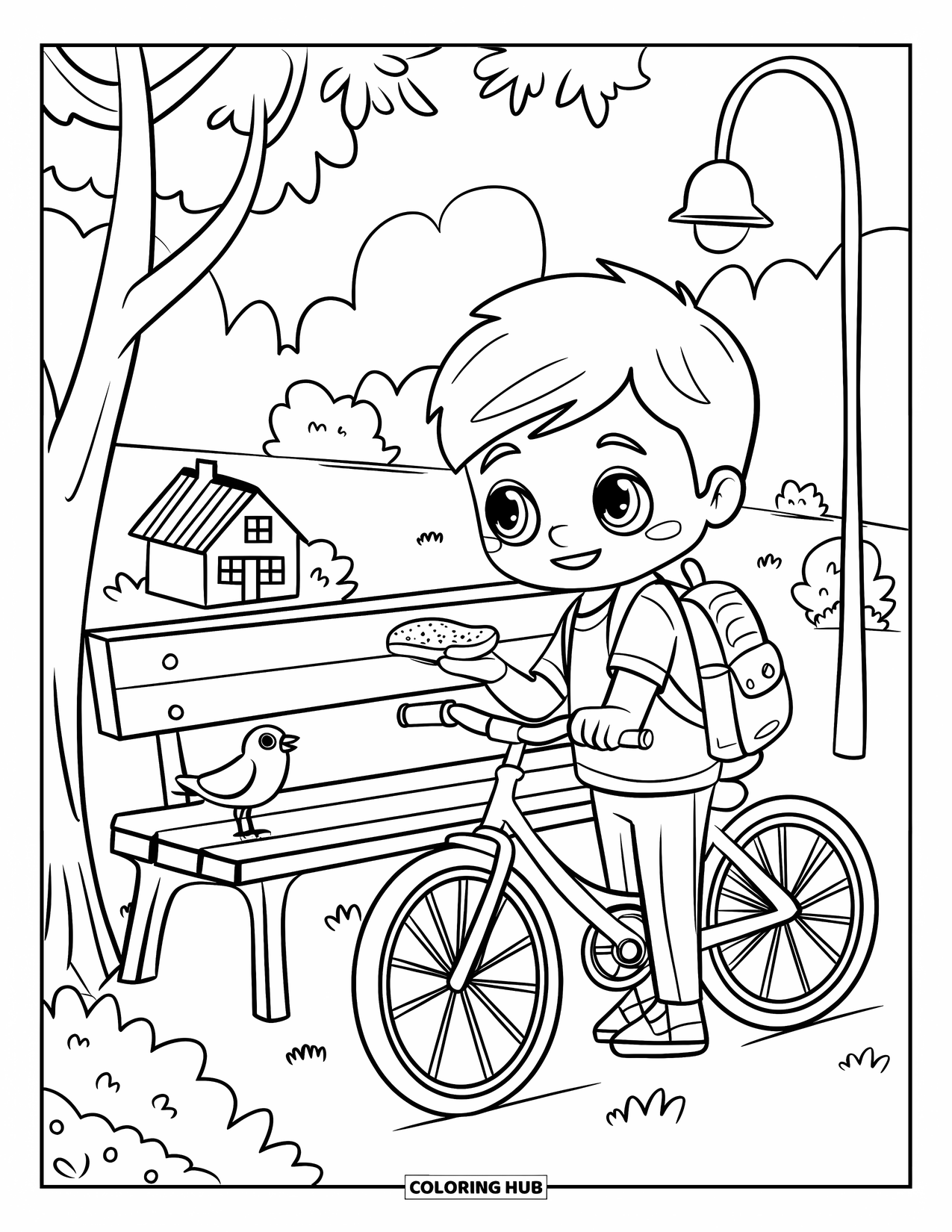 Bike Coloring Page for Adults: A boy with a backpack feeds a bird on a bench near a tiny house and tree
