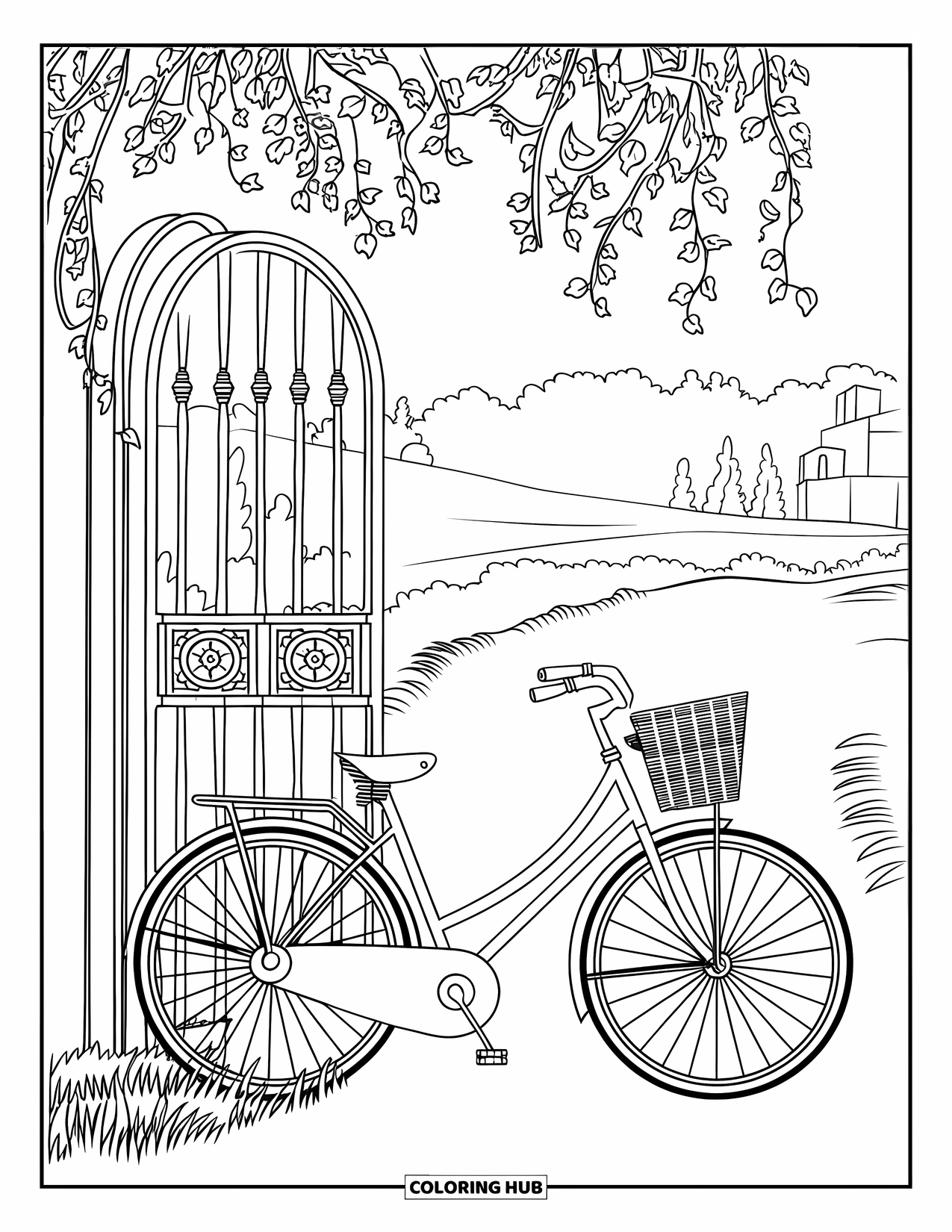 Bike Coloring Page for Adults: A classic bike with a basket parked by an arched garden gate draped in ivy