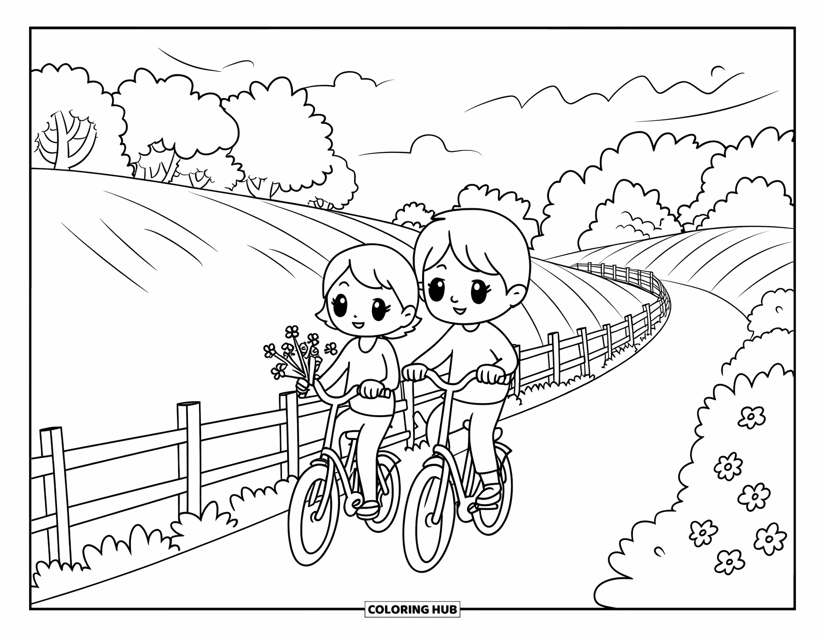 Bike Coloring Page for Adults: A couple rides bikes by rolling hills; he carries wildflowers