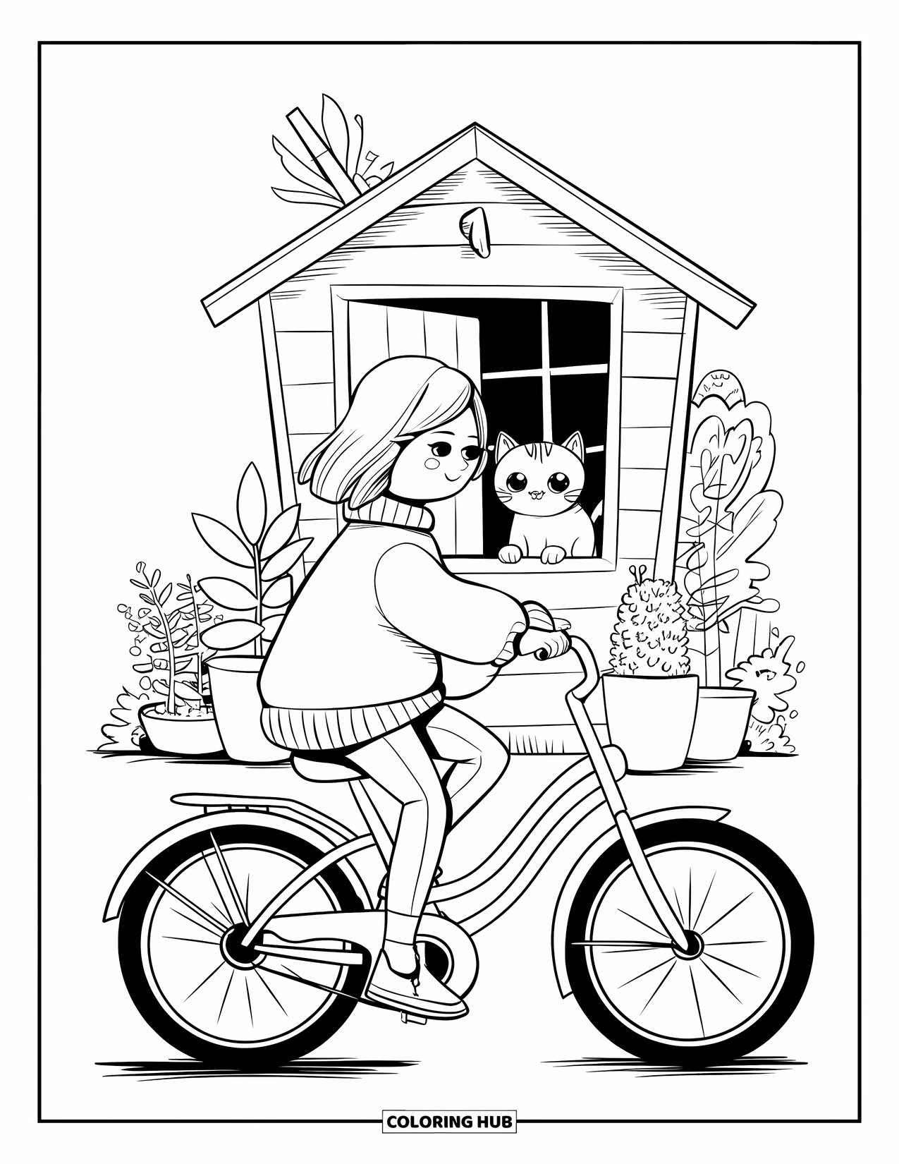 Bike Coloring Page for Adults: A girl in a cozy sweater bikes past a garden shed with potted plants