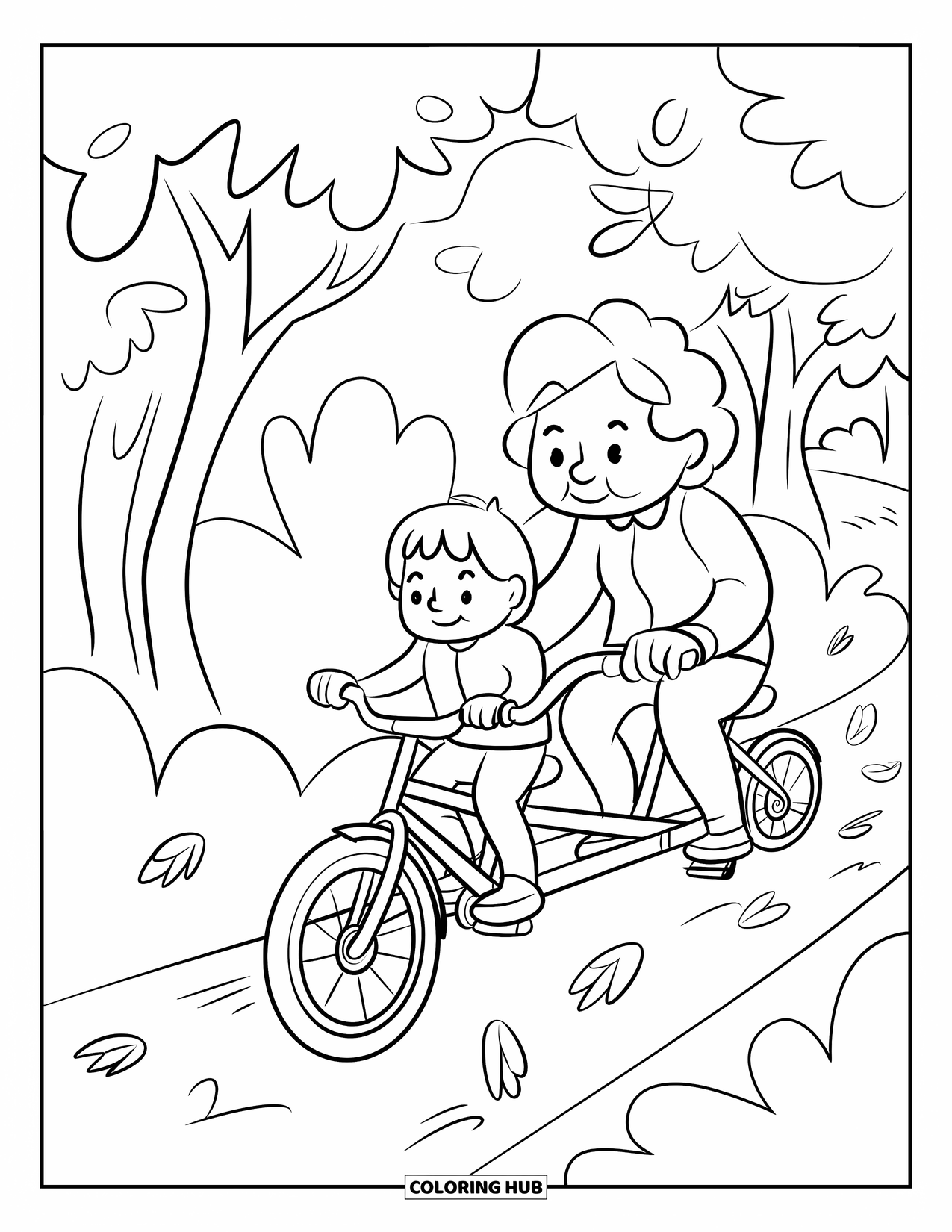 Bike Coloring Page for Adults: A grandparent and child ride a tandem bike down a forest trail with swirling leaves