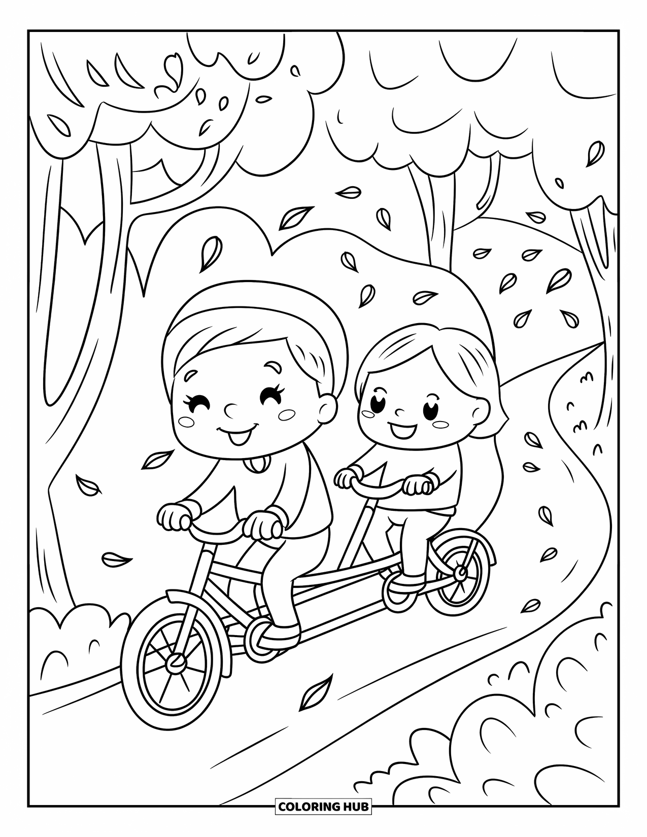 Bike Coloring Page for Adults: A grandparent and child ride a tandem bike on a forest path with swirling leaves