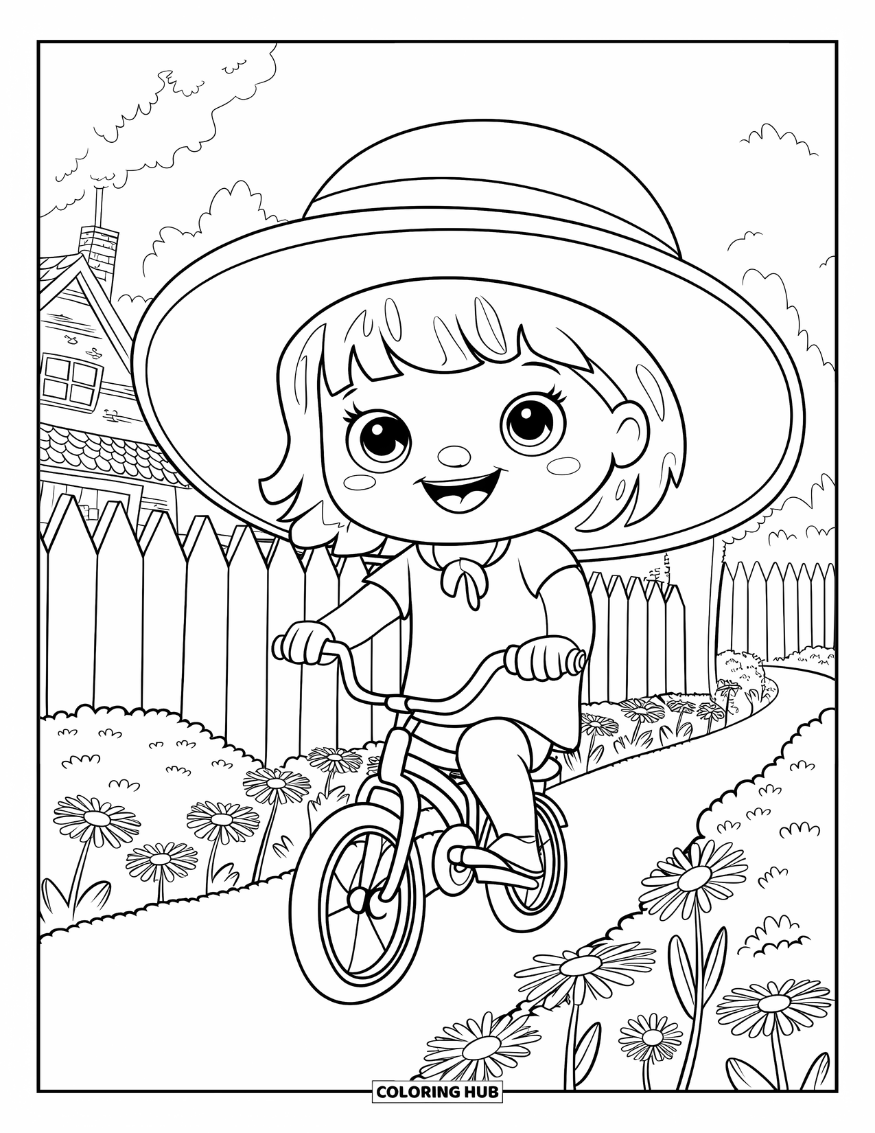 Bike Coloring Page for Adults: A happy child in a big hat rides a small bike by daisies and a cottage