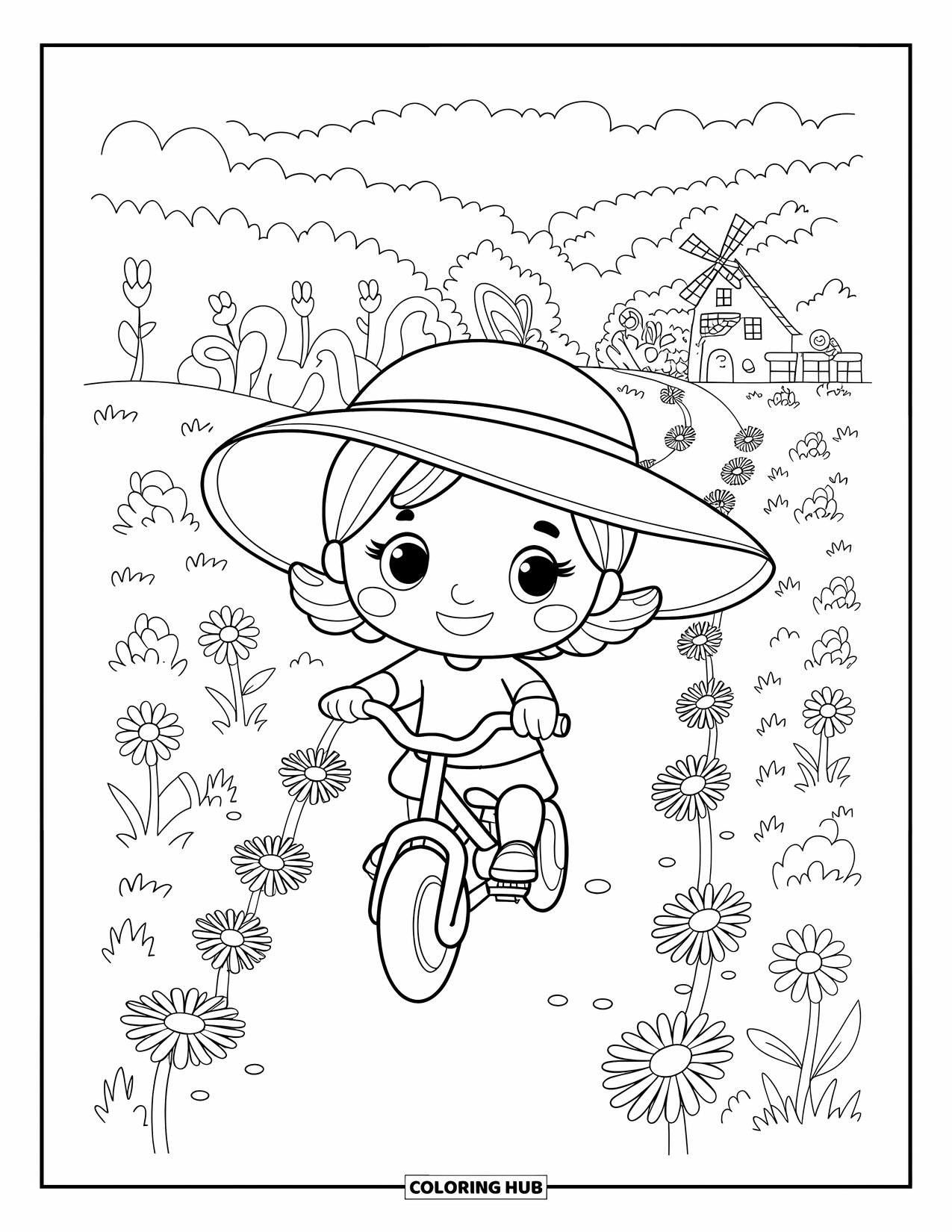 Bike Coloring Page for Adults: A smiling child in a floppy hat bikes down a garden path past daisies and a windmill