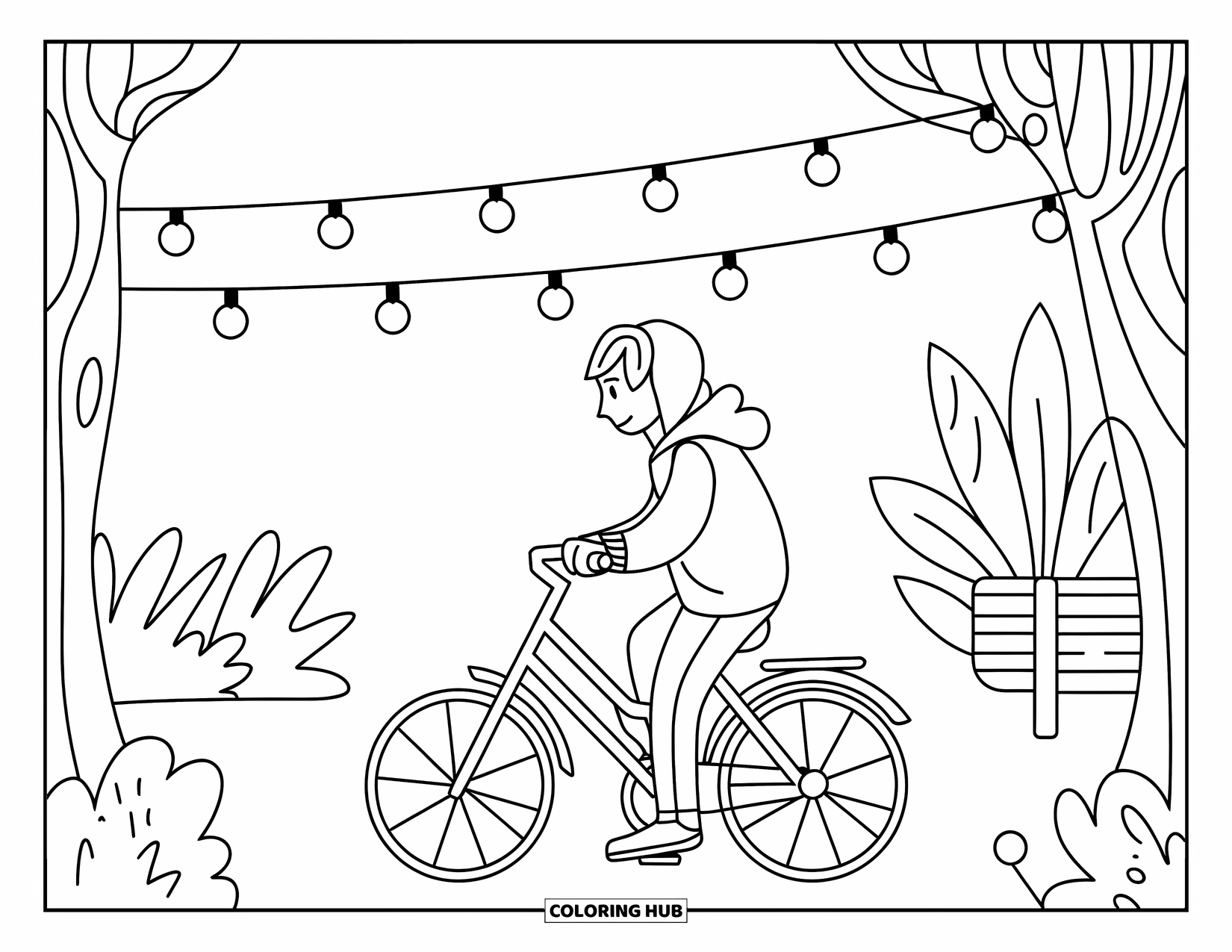 Bike Coloring Page for Adults: A teenager in a hoodie rides a bike under fairy lights in a cozy backyard