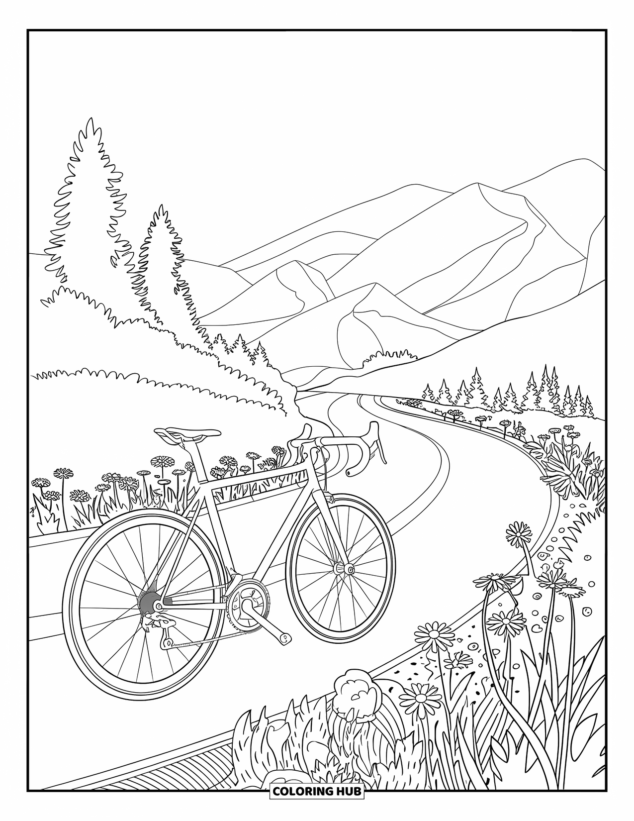 Bike Coloring Page for Adults: An adult road bike resting near a winding path with wildflowers and mountains
