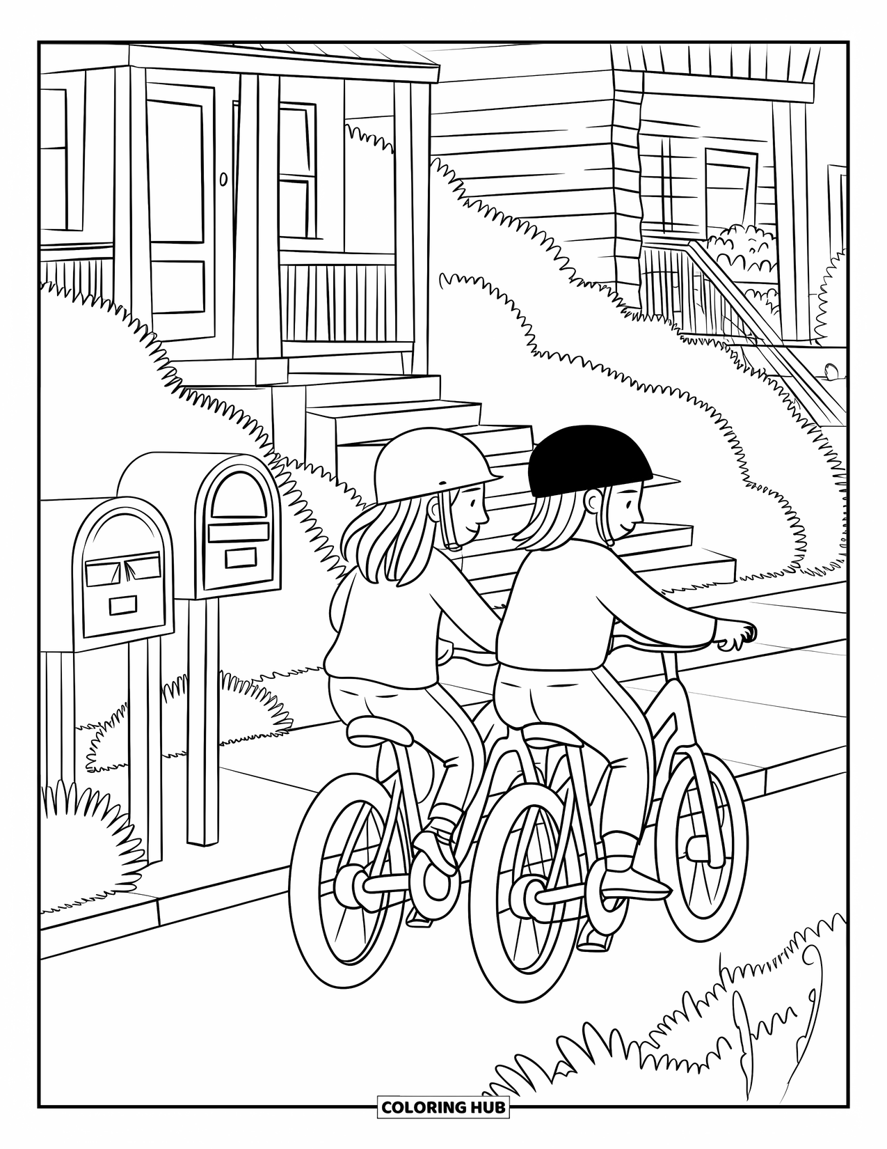 Bike Coloring Page for Adults: Friends wearing helmets ride side by side past mailboxes and porches