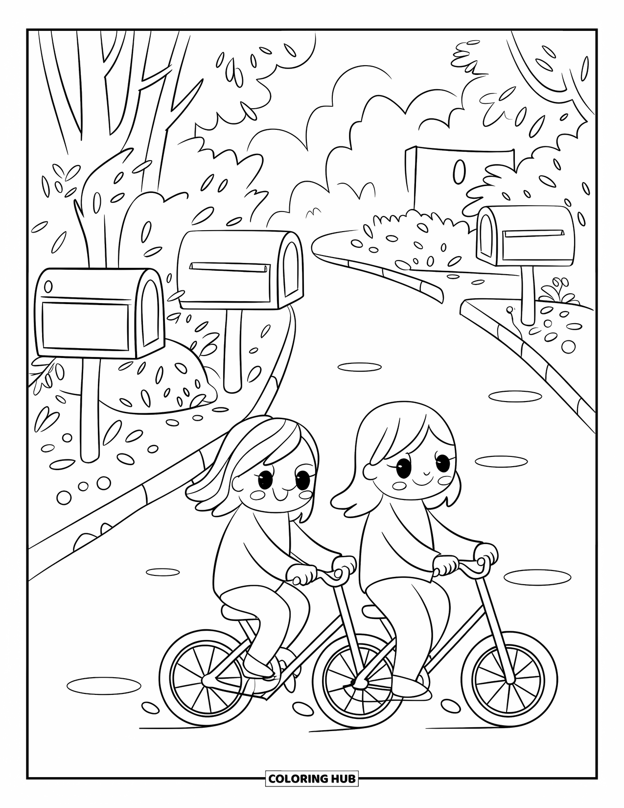 Bike Coloring Page for Adults: Two friends ride bikes together down a peaceful street with mailboxes and plants