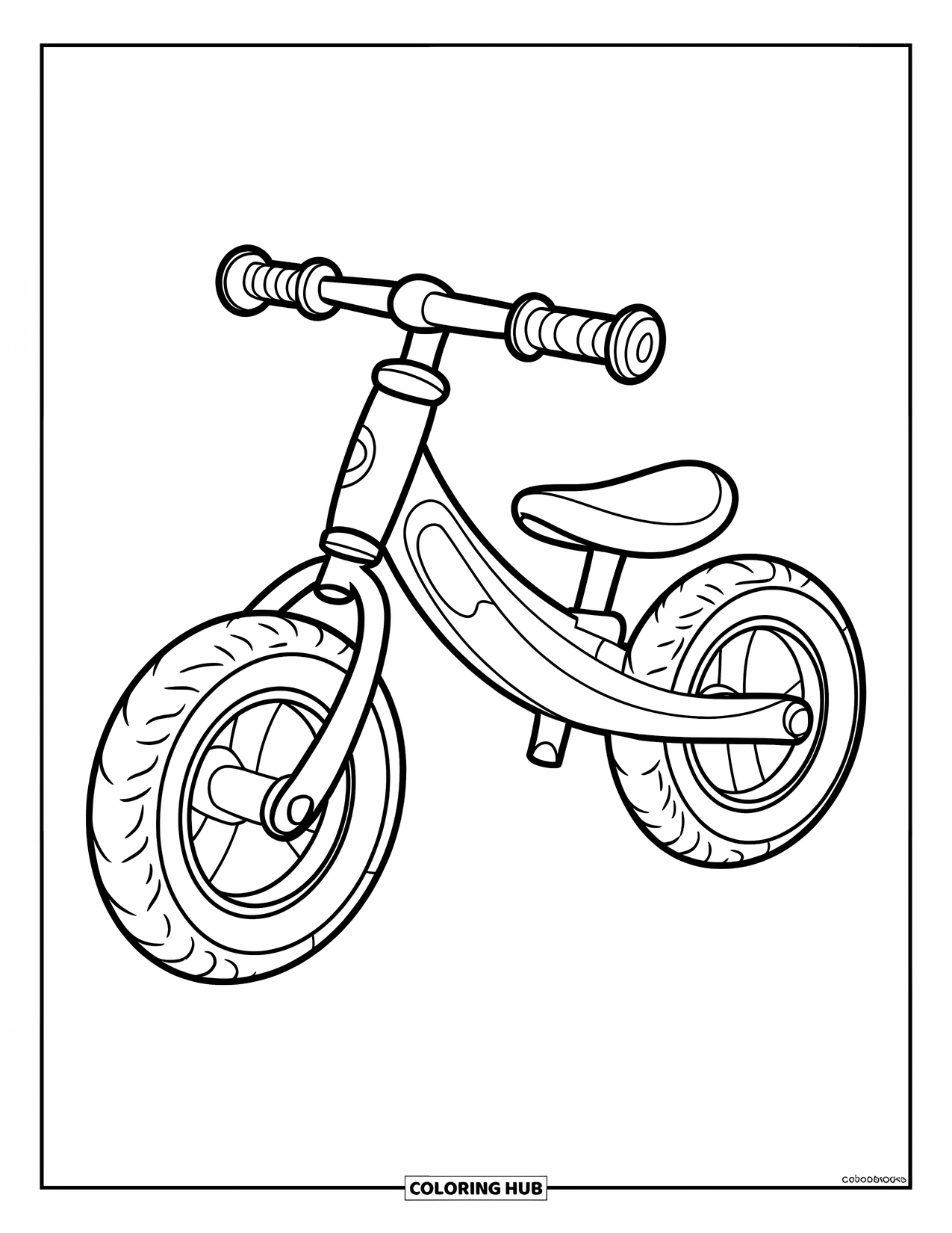 Bike Coloring Page for Kids: A basic balance bike with thick tires and curved handlebars on grassy ground
