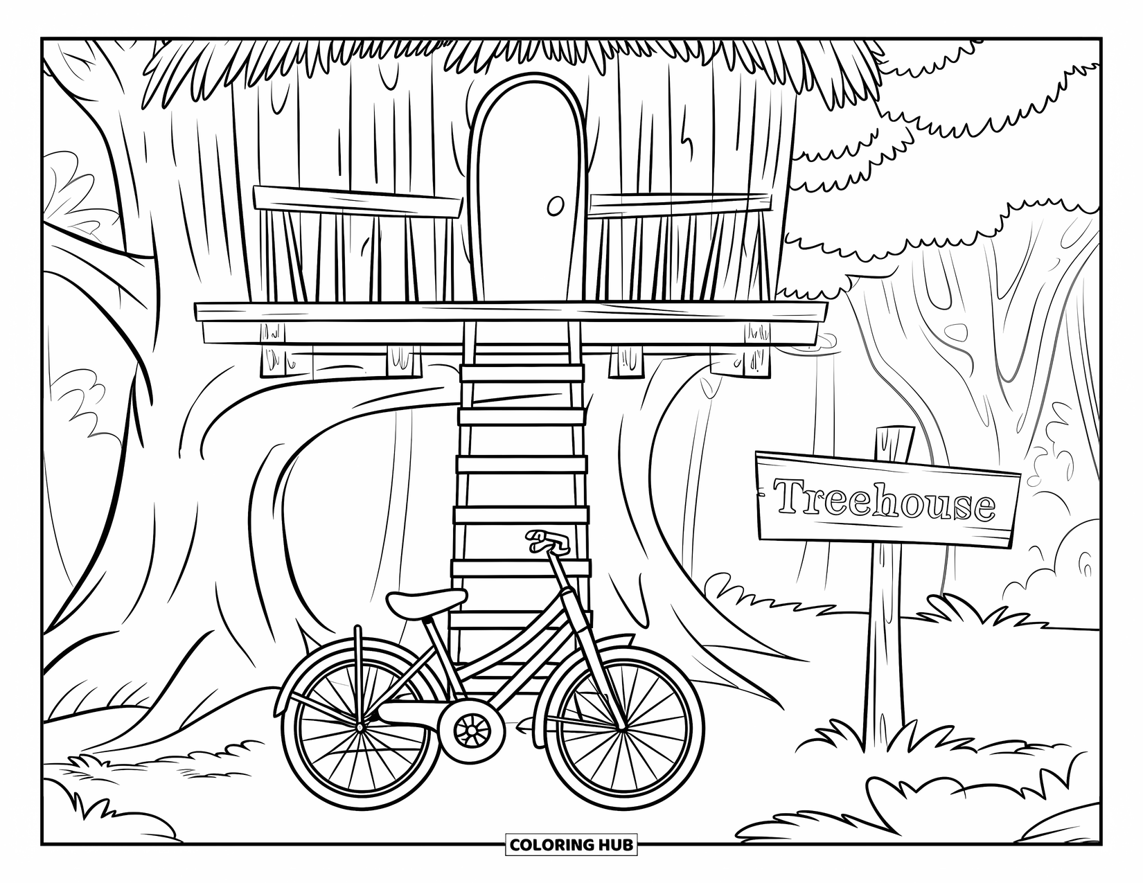 Bike Coloring Page for Kids: A bike near a wooden treehouse with ladder, thatched roof, and a sign
