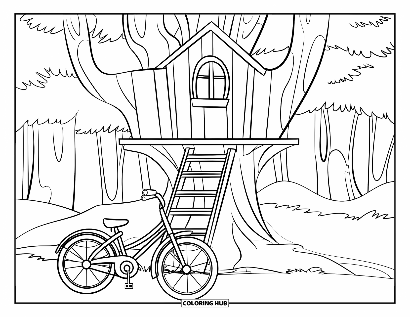 Bike Coloring Page for Kids: A bike resting by a treehouse with ladder in a forest with tall trees