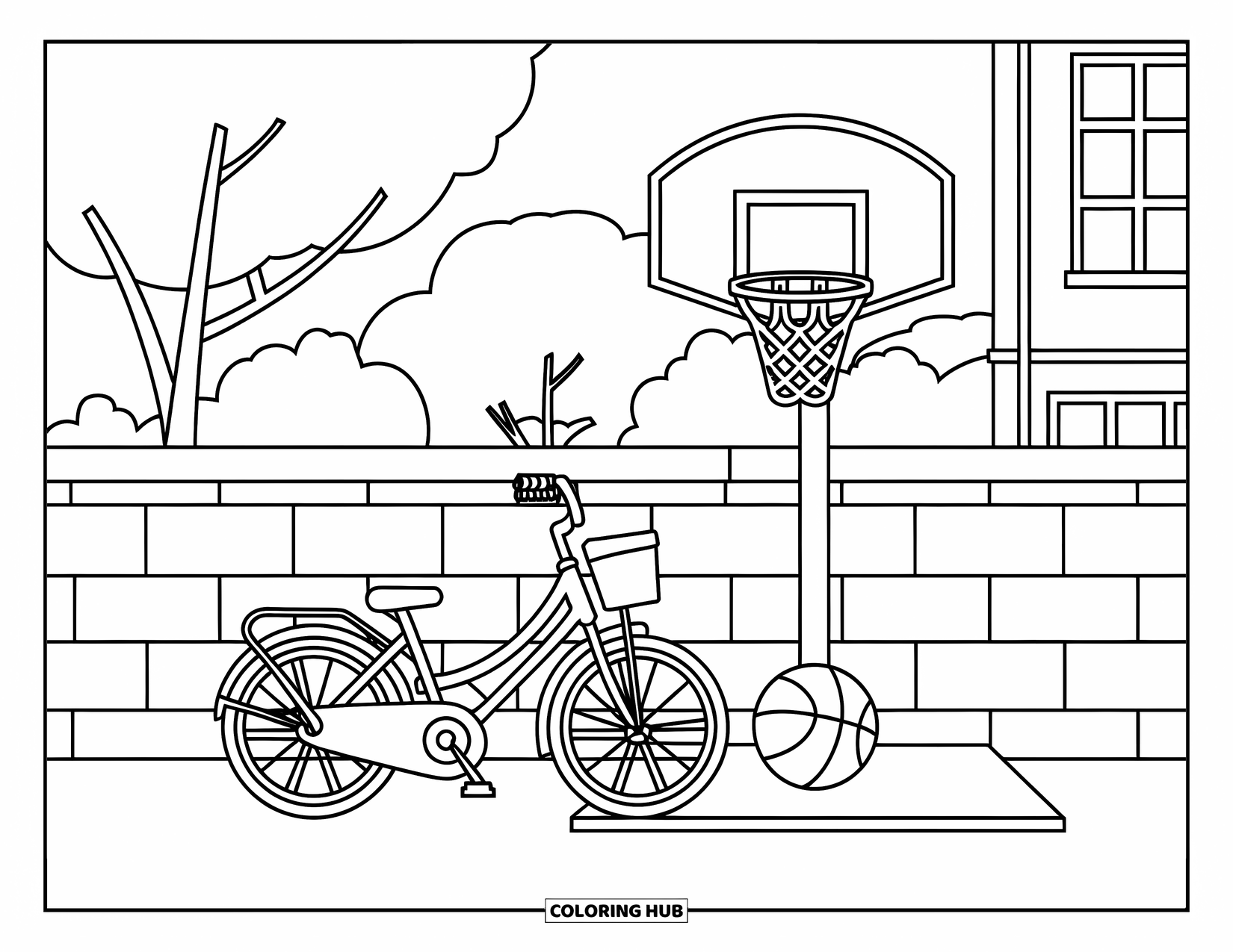 Bike Coloring Page for Kids: A bike with a basket leaning by a schoolyard basketball hoop and brick wall