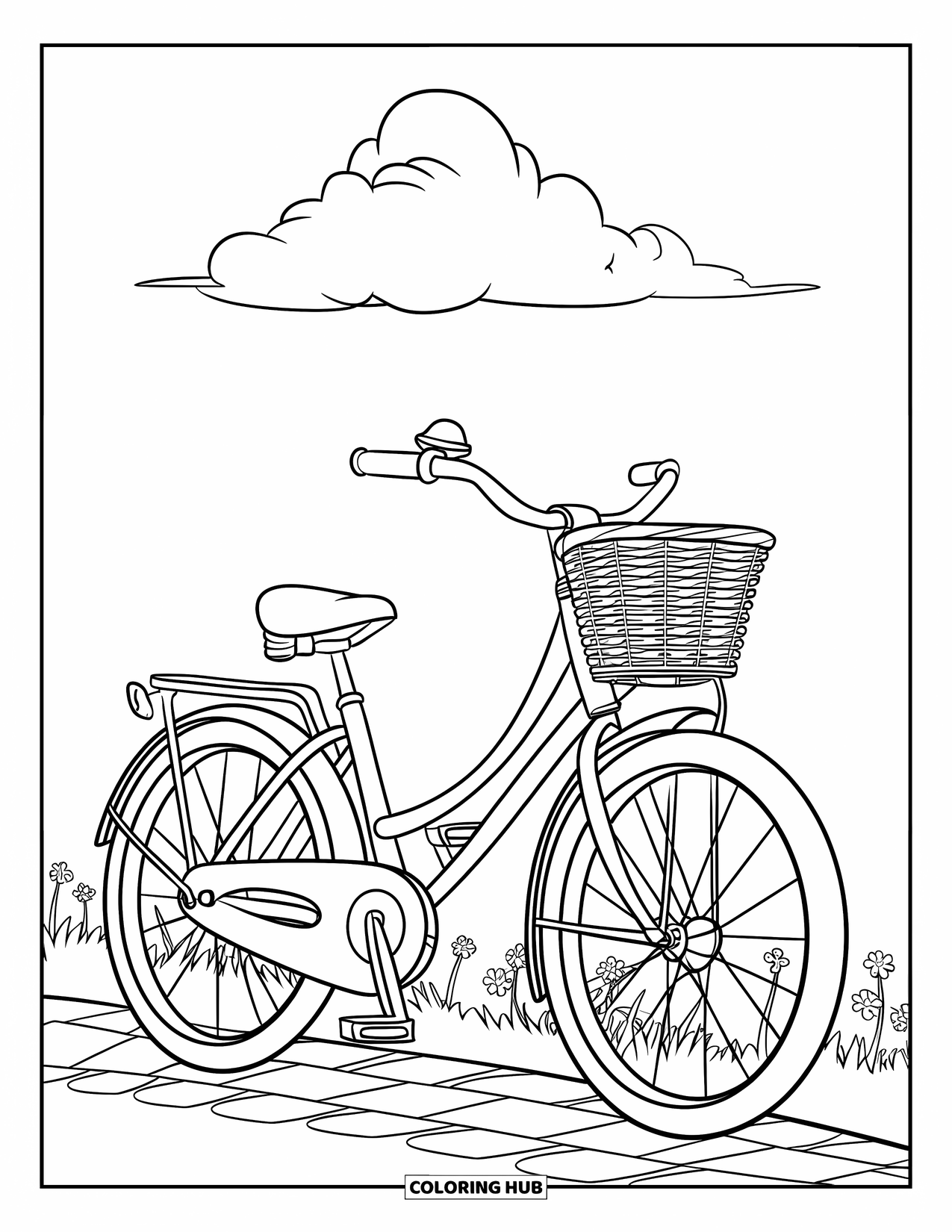 Bike Coloring Page for Kids: A bike with basket and bell parked on a cobblestone path under a fluffy cloud