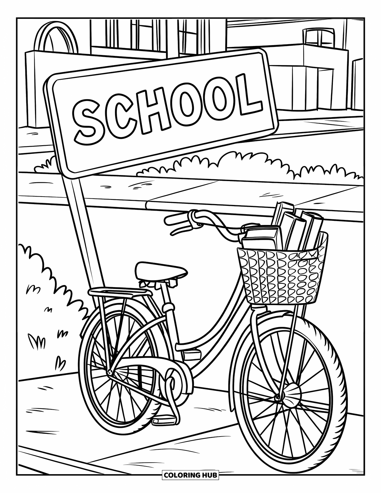 Bike Coloring Page for Kids: A bike with basket full of books parked near a school sign and buildings