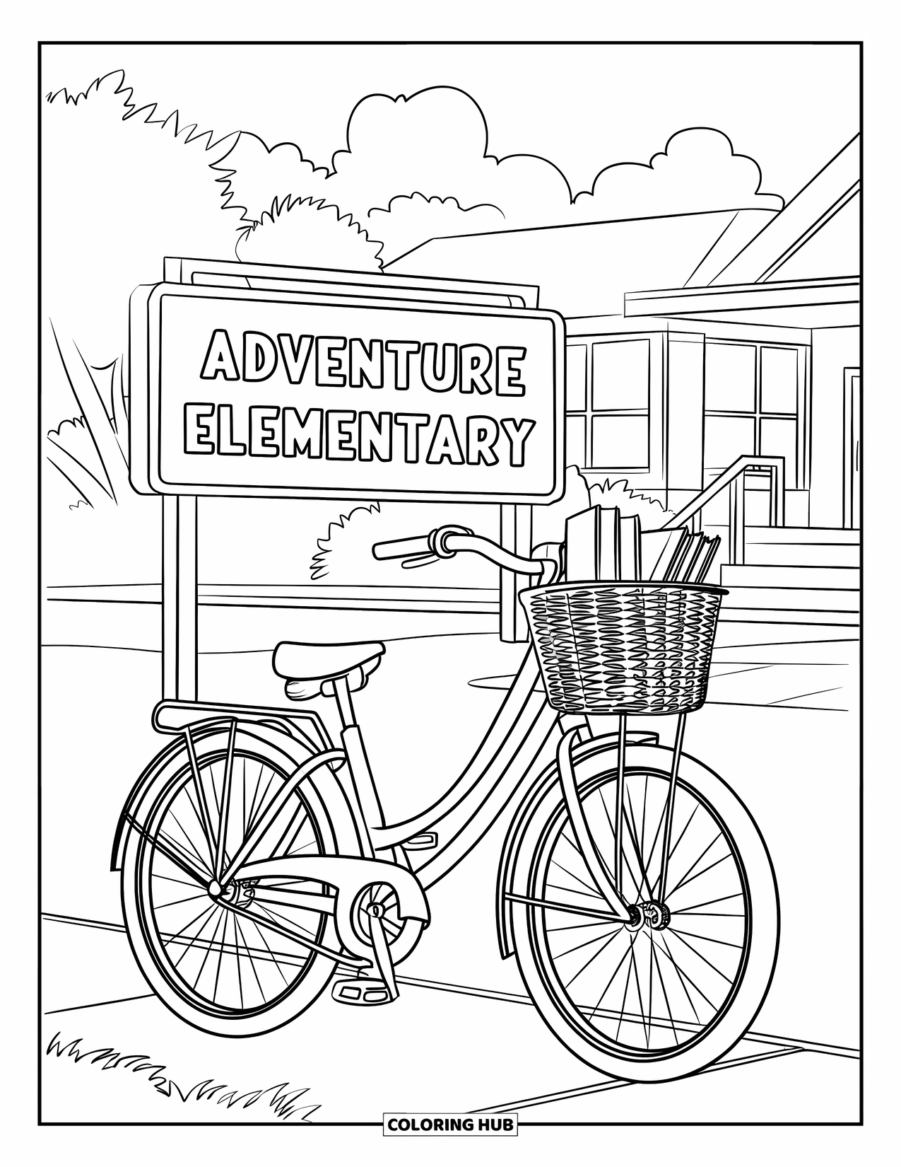 Bike Coloring Page for Kids: A bike with basket of books parked near a school sign and cloudy sky